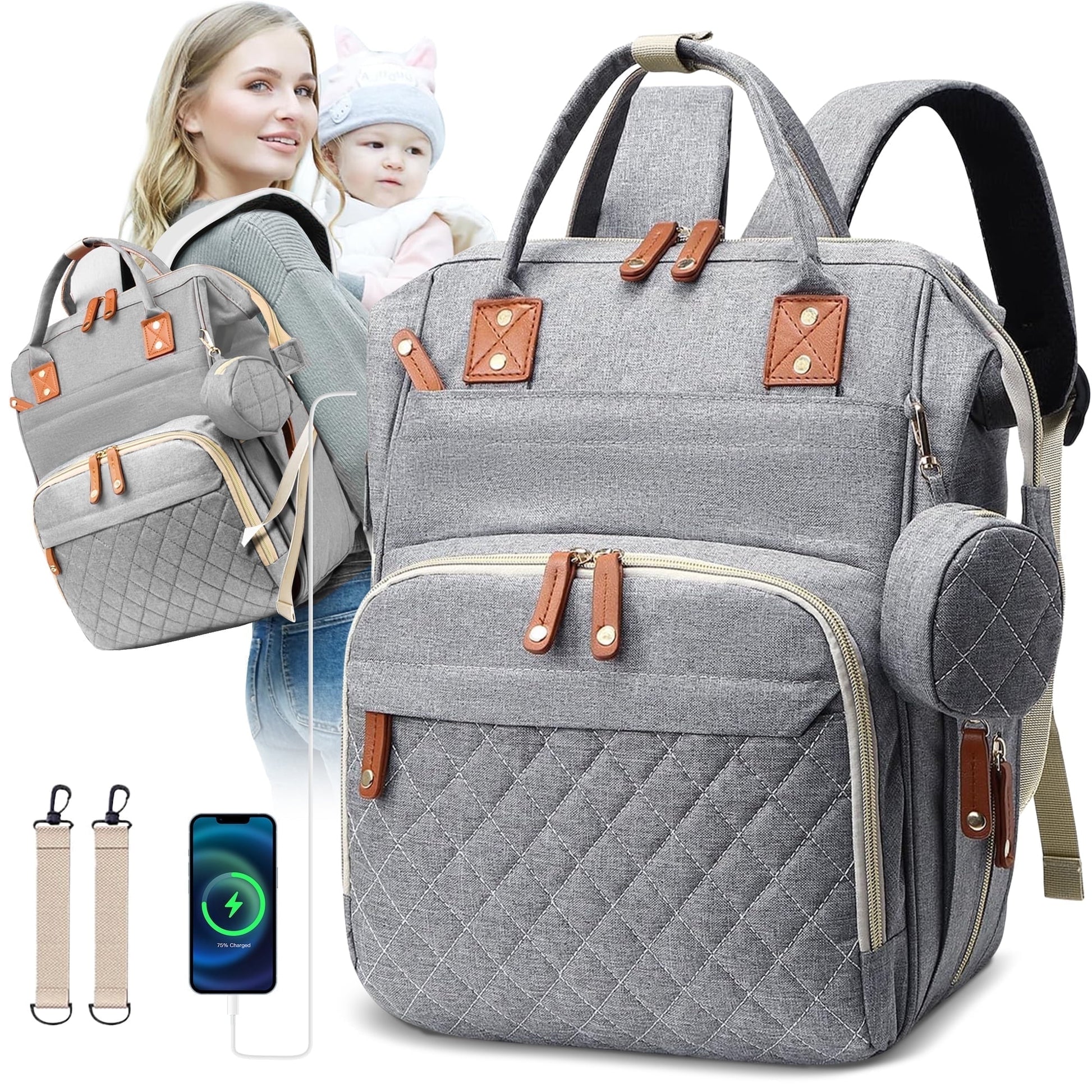Morfone Baby Diaper Bag Backpack, Multifunction Waterproof Baby Bag with USB Charging Port, Stroller Straps & Pacifier Case Unisex