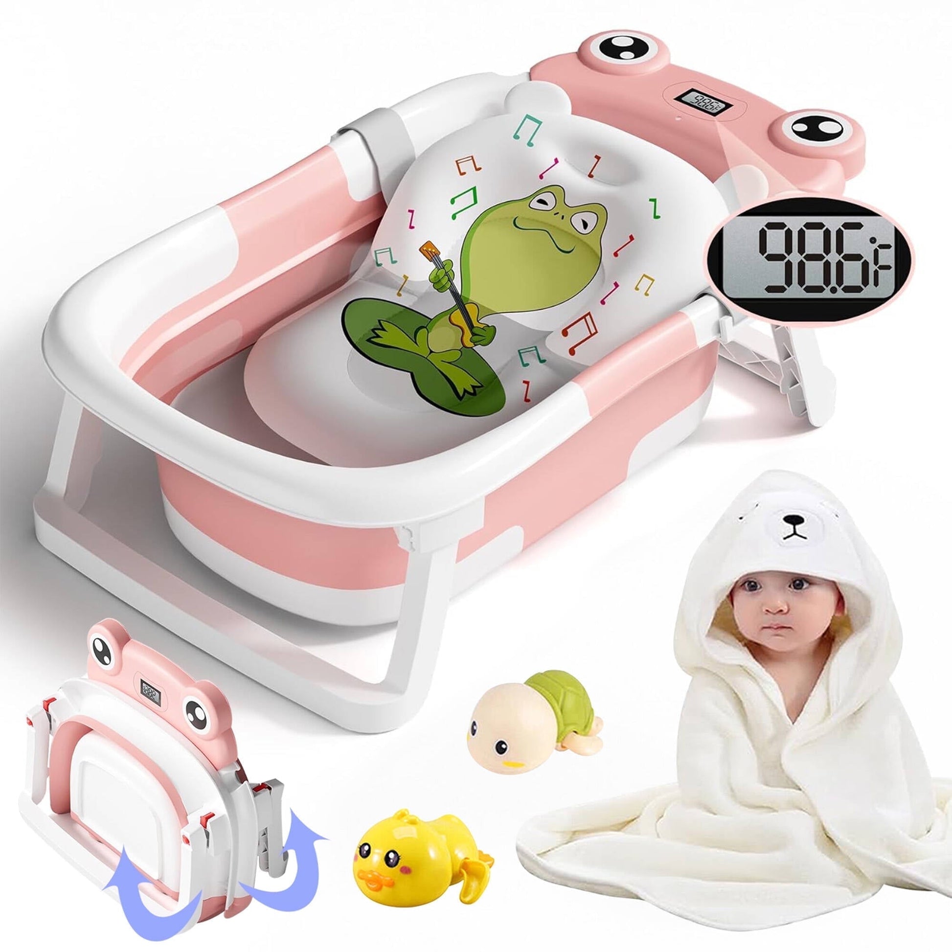 Morfone Collapsible Baby Bathtub with Thermometer, Hooded Towel, Soft Cushion and Bath Toys, Portable Travel Baby Tub for Newborn to Toddler 0-36 Months