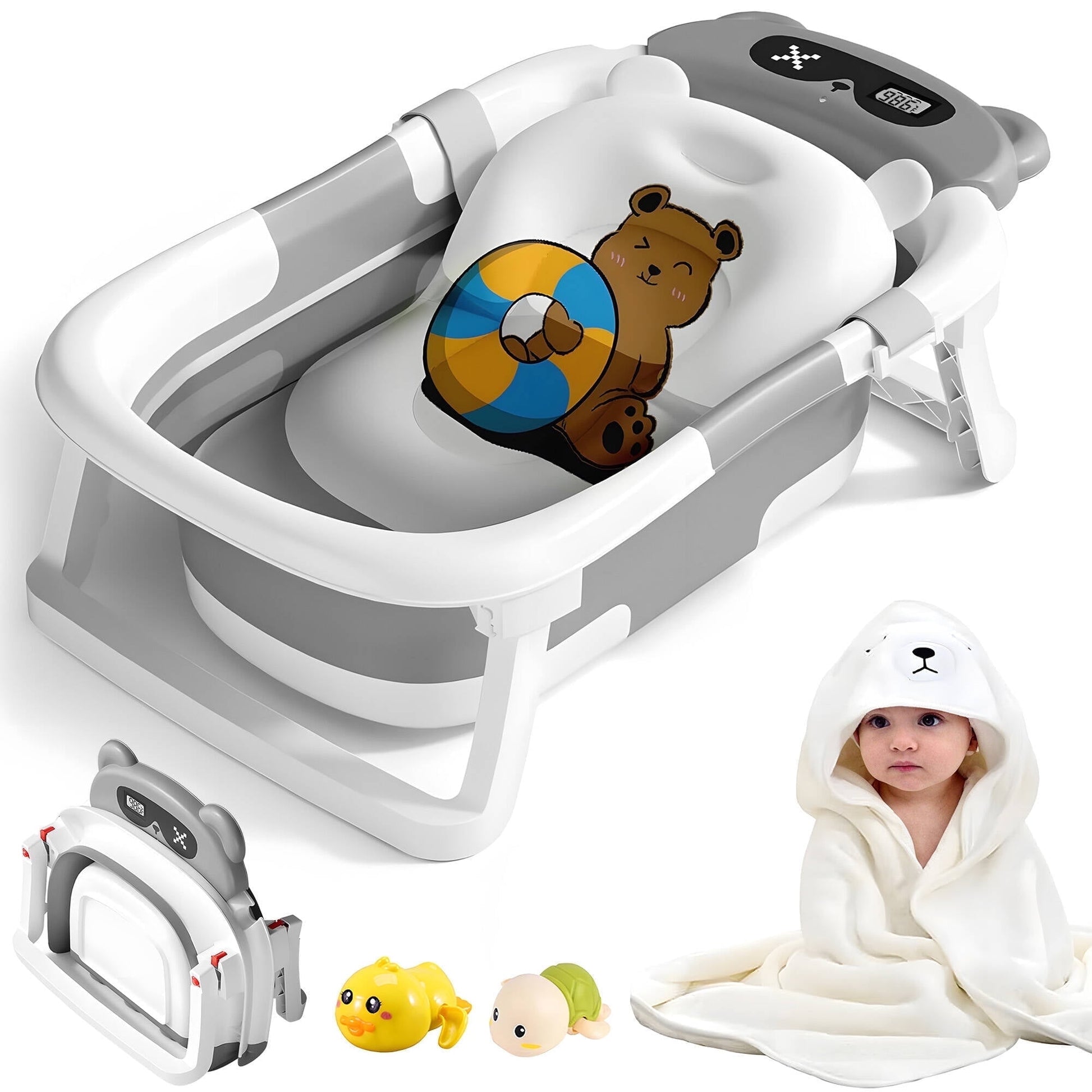 Morfone Collapsible Baby Bathtub for Newborn to Toddler 0-36 months with Thermometer, Hooded Towel, Soft Cushion and Bath Toys, Portable Travel Baby Tub with Drain Hole