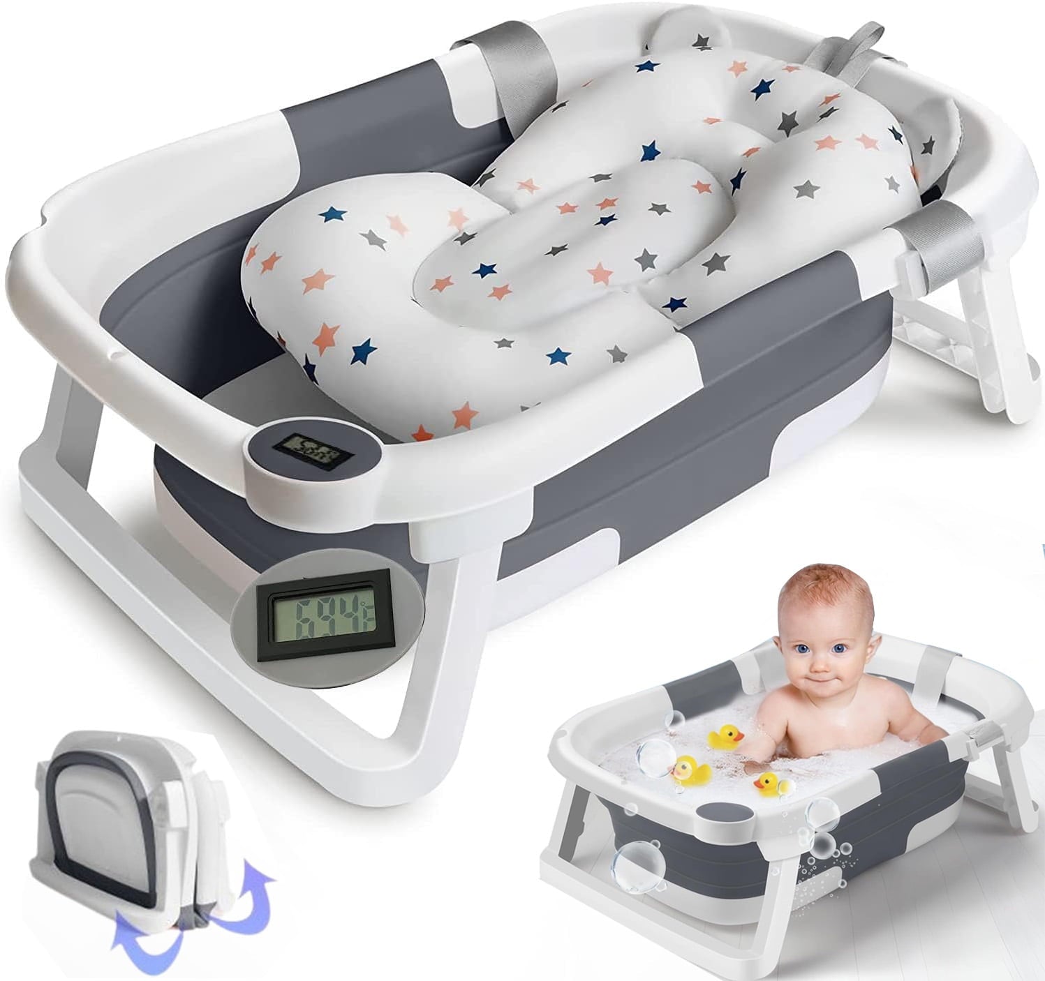 Morfone Collapsible Baby Bathtub, Baby Bath Tub with Soft Cushion & Thermometer, Baby Bathtub Newborn to Toddler 0-36 Months, Portable Travel Baby Tub, Gray