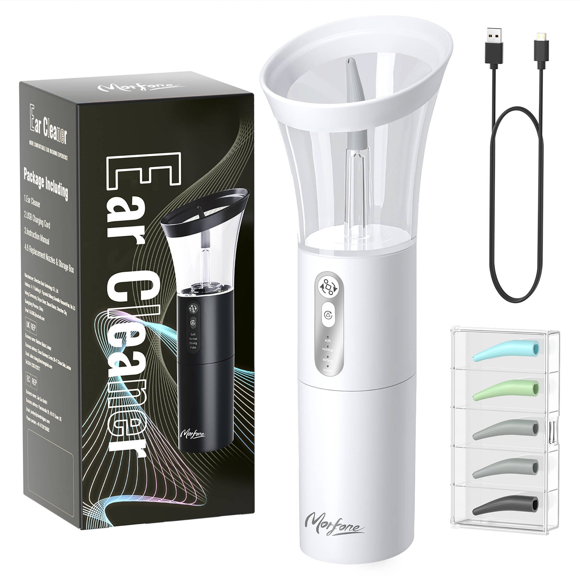 Morfone Ear Wax Removal with One-Piece Waste Tank, Ear Cleaner with Water Temperature Sensor, 4 Pressure Settings, Ear Cleaning Kit for Ear Wax Buildup & USB-C Cable, IPX6