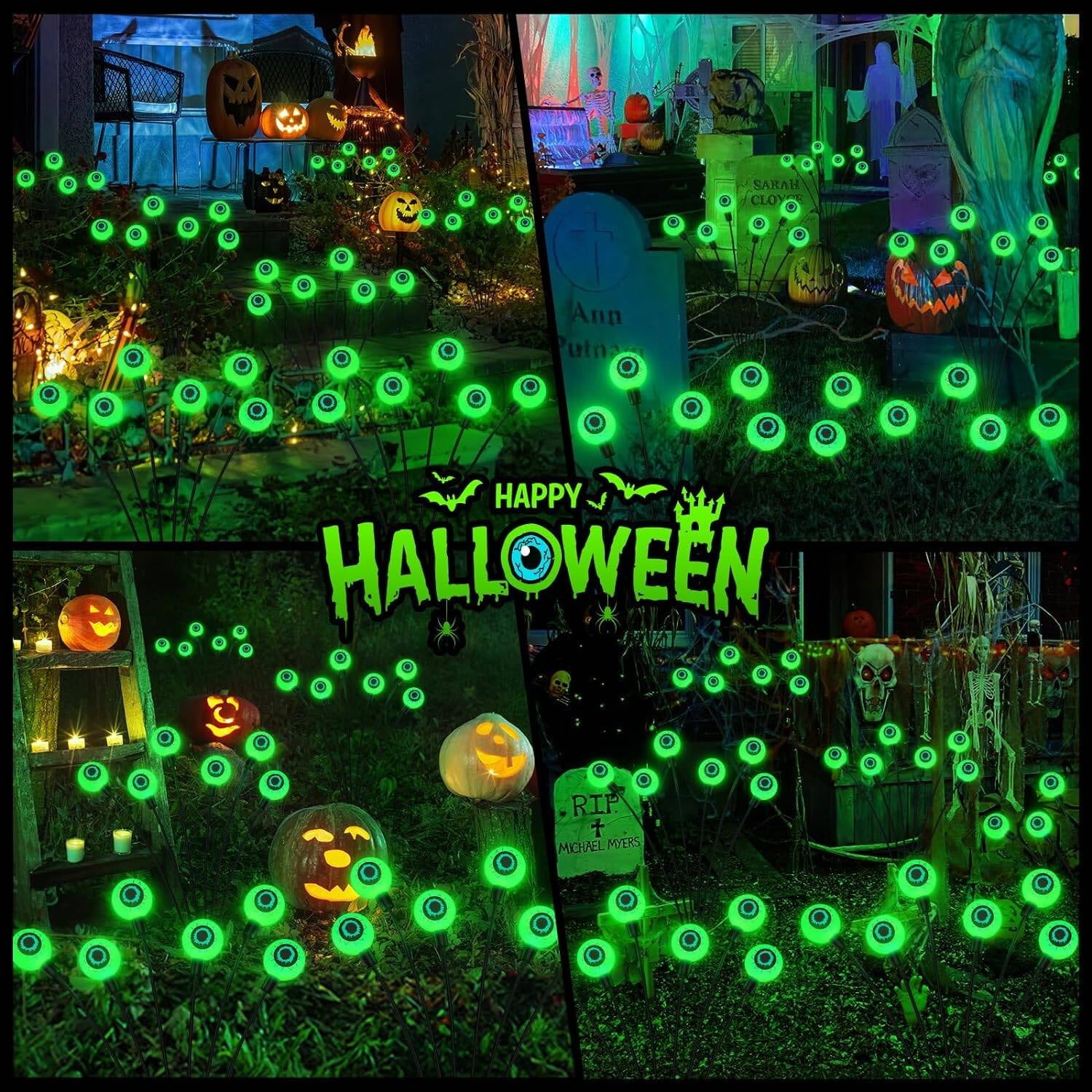 Morfone Halloween Decorations Outdoor, 2 Pack 12 LED Scary Eyeball Solar Halloween Lights, 2 Mode Waterproof Swaying Outside Decor, Solar Light Decorations for Garden Yard Party