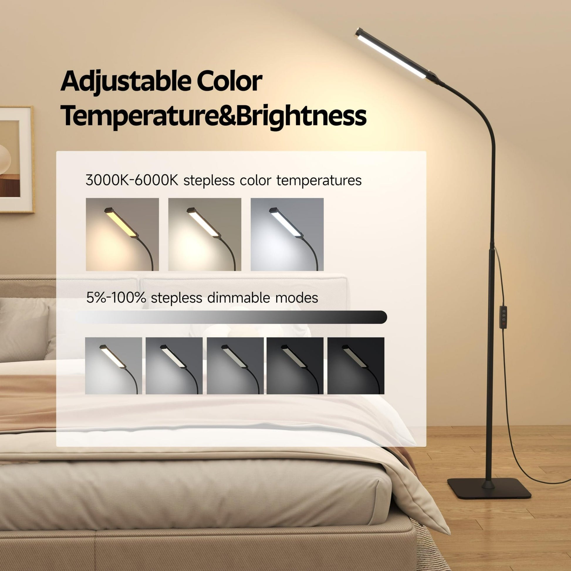ACMETOP LED Floor Lamp & Desk Lamp with Remote, Nightlight Mode, 3 Color Temps, 1H Timer, USB Powered, Adjustable Height & Gooseneck