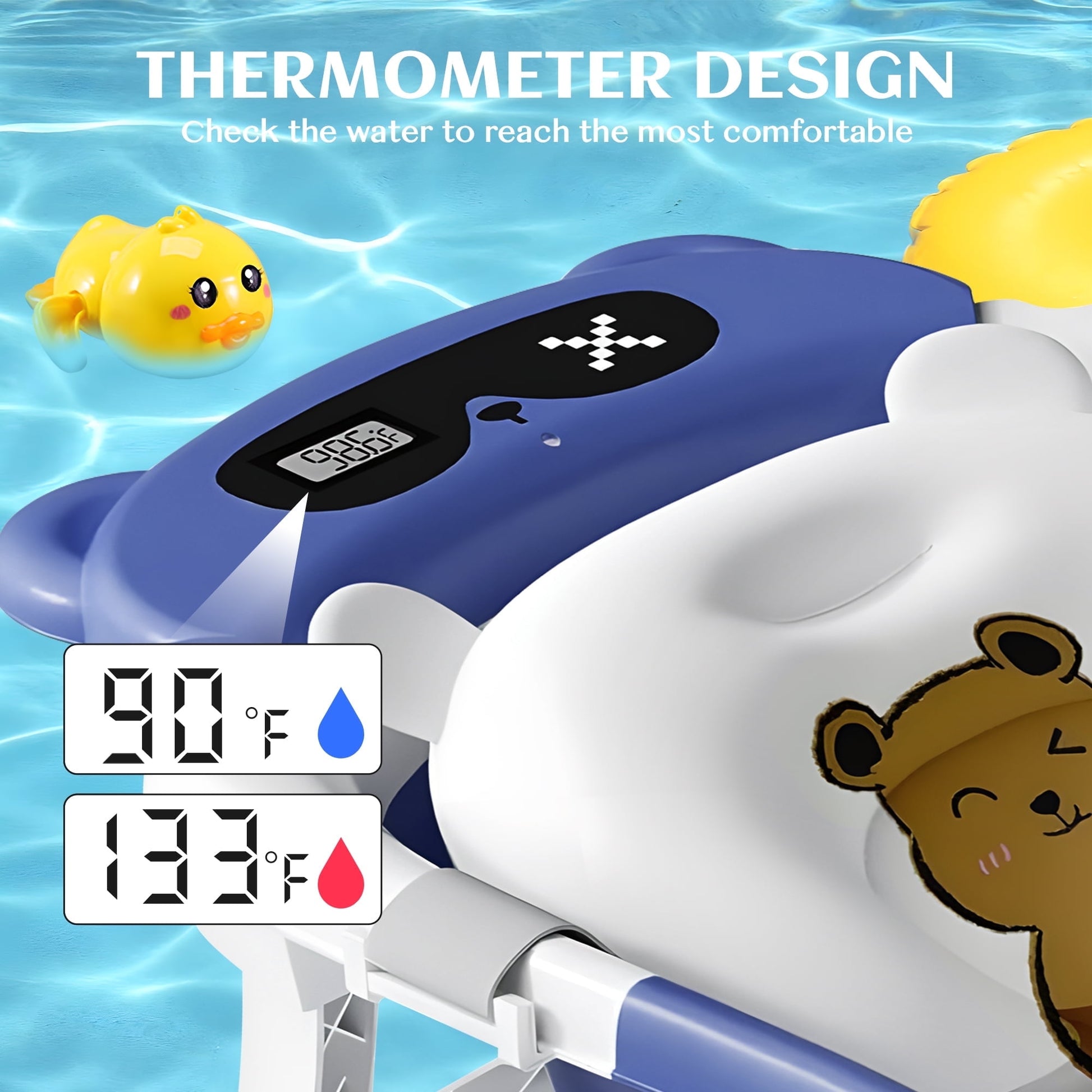 Morfone Collapsible Baby Bathtub for Newborn to Toddler 0-36 months with Thermometer, Hooded Towel, Soft Cushion and Bath Toys, Portable Travel Baby Tub with Drain Hole
