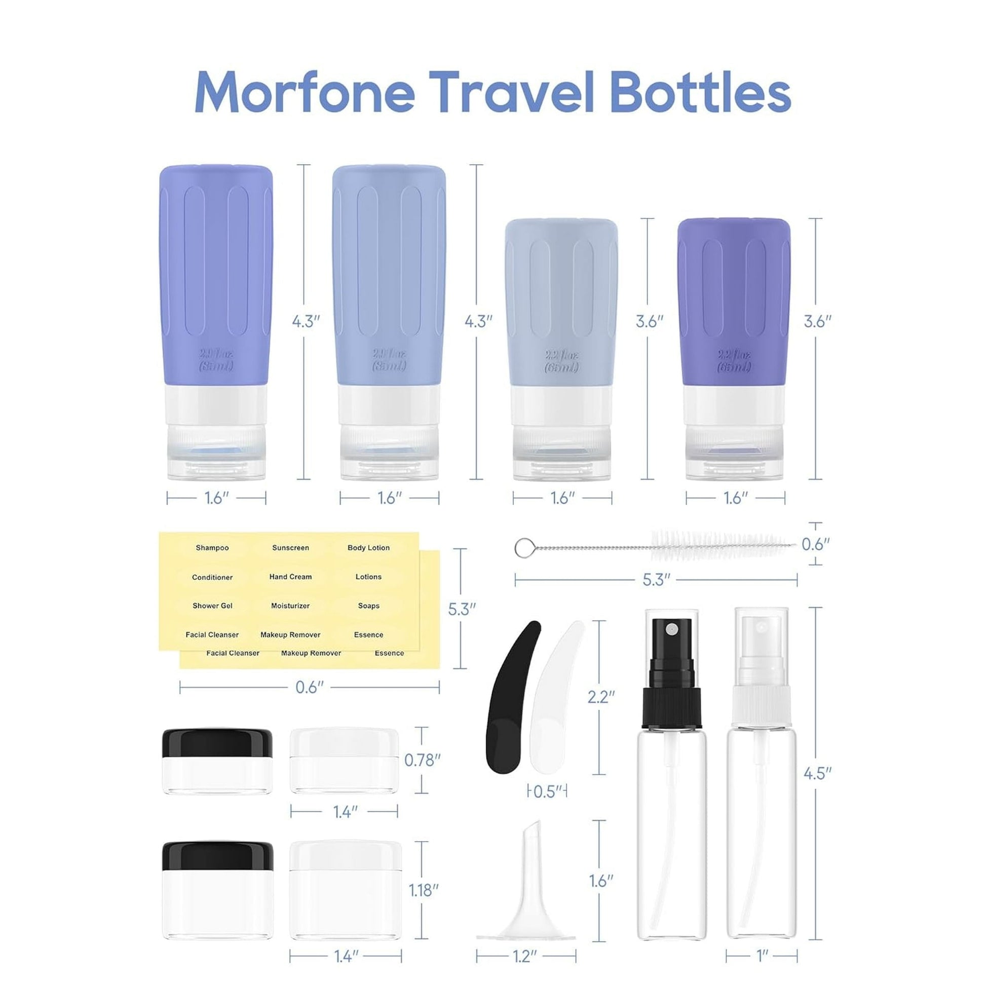 Morfone 16 Pack Silicone Travel Bottles Set for Toiletries TSA Approved Travel Containers Leakproof Squeezable Refillable Travel Accessories 2oz 3oz for Shampoo Conditioner Lotion Liquids (Blue)