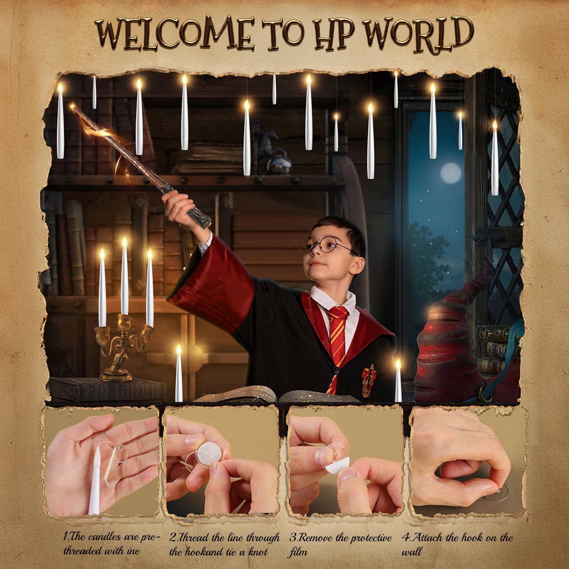 Morfone Halloween Decorations, 12 PCs Floating Candles with Wand Magic Hanging Candles, Flickering Warm Light Flameless Floating LED Candle