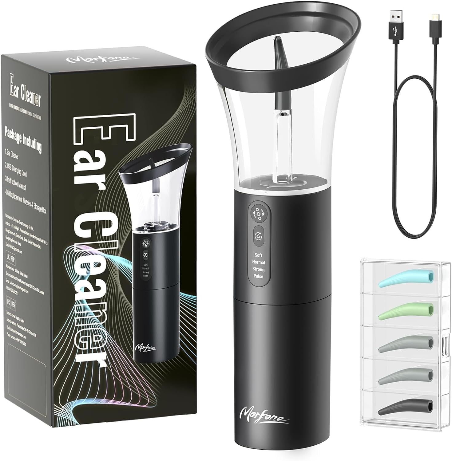Morfone Ear Wax Removal with One-Piece Waste Tank, Ear Cleaner with Water Temperature Sensor, 4 Pressure Settings, Ear Cleaning Kit for Ear Wax Buildup & USB-C Cable, IPX6