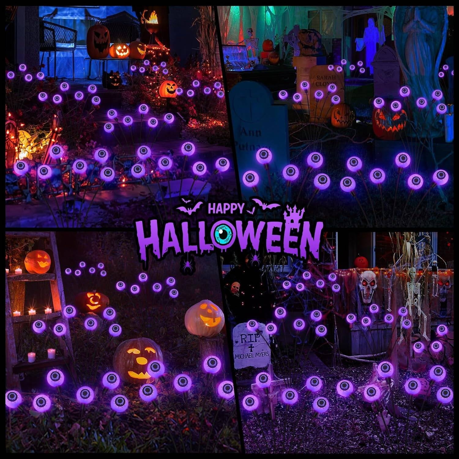 Morfone Halloween Decorations Outdoor, 2 Pack 12 LED Scary Eyeball Solar Halloween Lights, 2 Mode Waterproof Swaying Outside Decor, Solar Light Decorations for Garden Yard Party