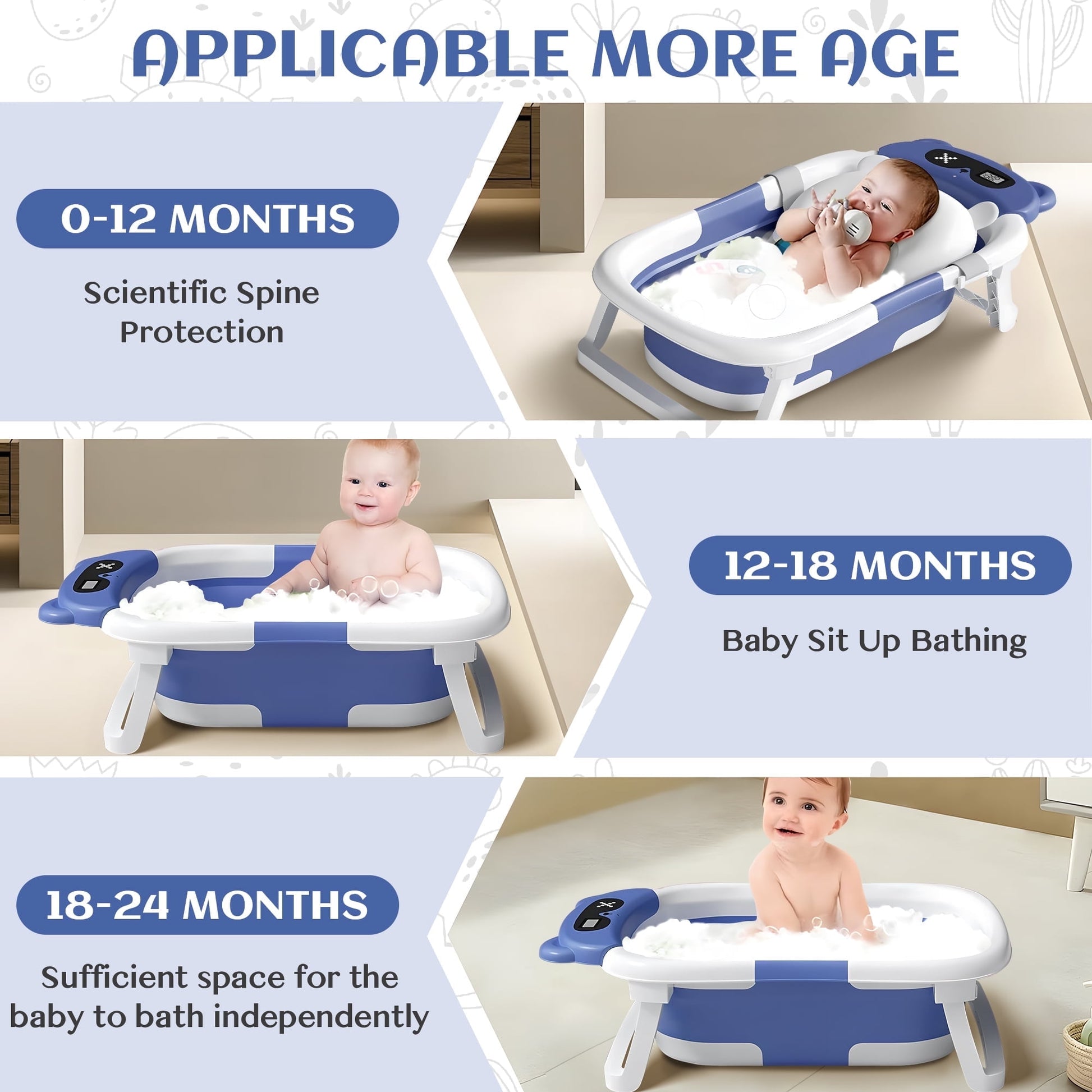 Morfone Collapsible Baby Bathtub for Newborn to Toddler 0-36 months with Thermometer, Hooded Towel, Soft Cushion and Bath Toys, Portable Travel Baby Tub with Drain Hole