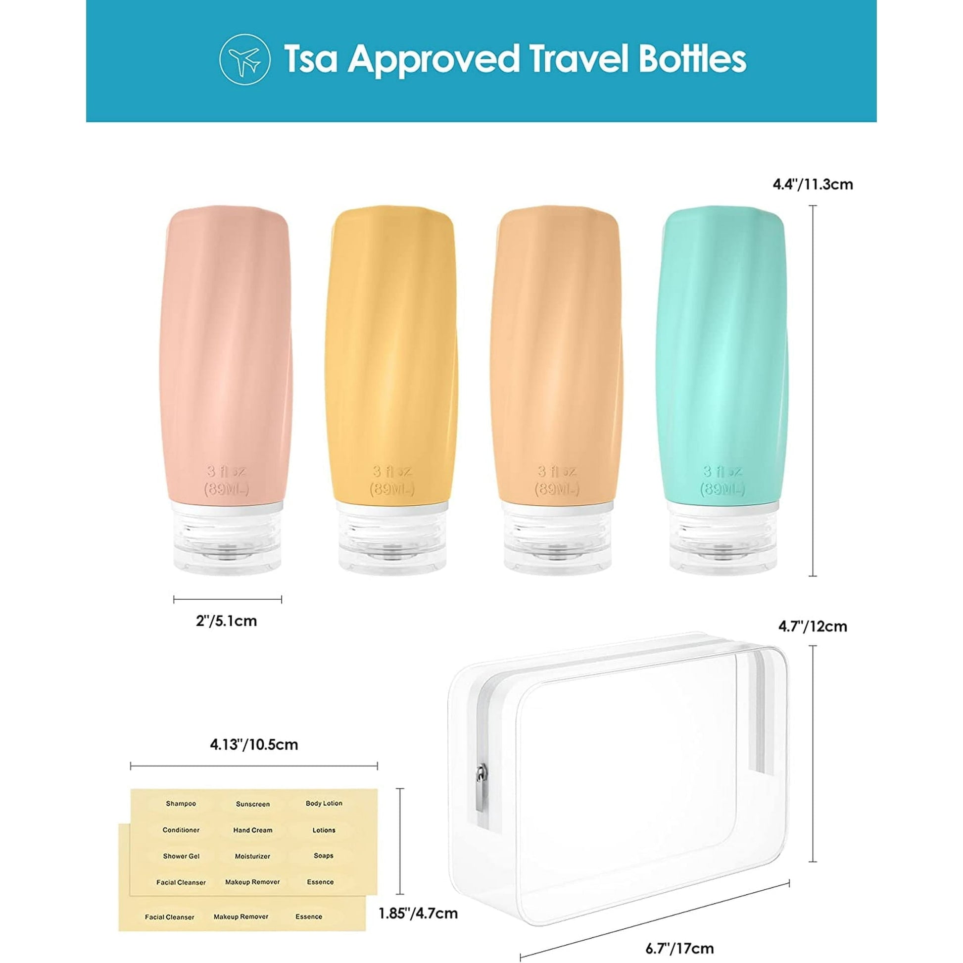 Morfone 4 pack Travel Bottles for Toiletries, TSA Approved Silicone Travel Toiletries, BPA Free Leak Proof Tubs Refillable Liquid with Toiletry Bag, Shampoo Travel Essentials Toiletry Bottles