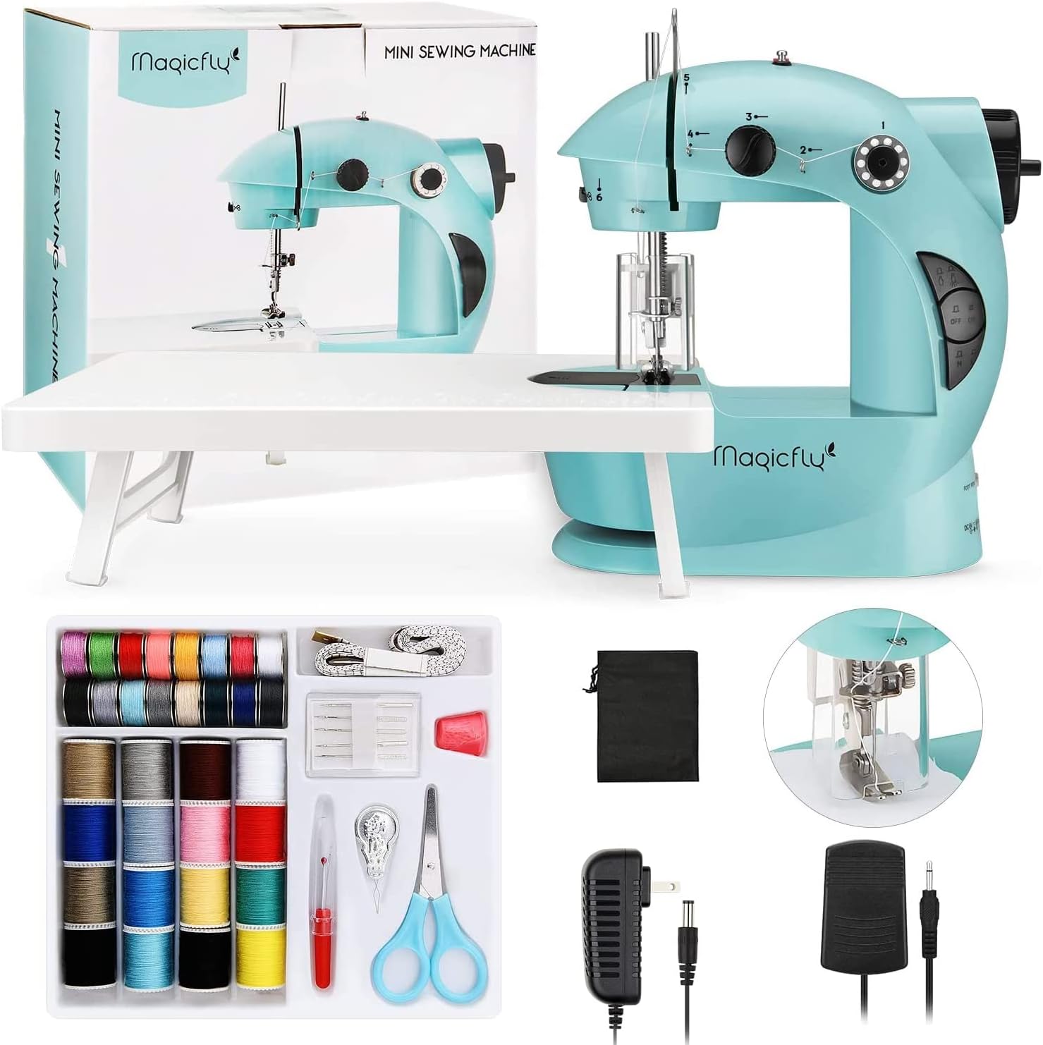 Mini Sewing Machine with Extension Table, Electric Portable Sewing Machine Lightweight for Beginners, Household DIY Handheld Sewing Machine with Sewing Kits Foot Pedal(Deep Green)