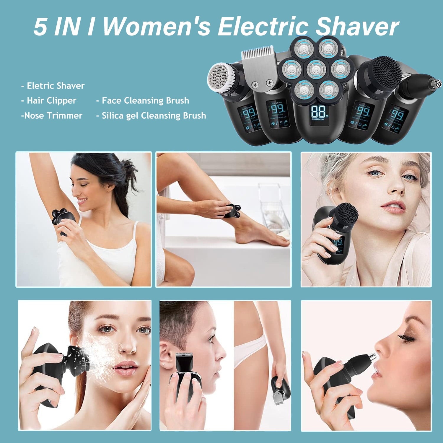 Morfone 5-in-1 Electric Razors for Women, Wet/Dry 7D Womens Razor & Hair Trimmer with USB Adapter & Charging Cable,5D Rechargeable Rotary Shaver with Lithium-Ion Battery, Water Resistant Grooming Kit