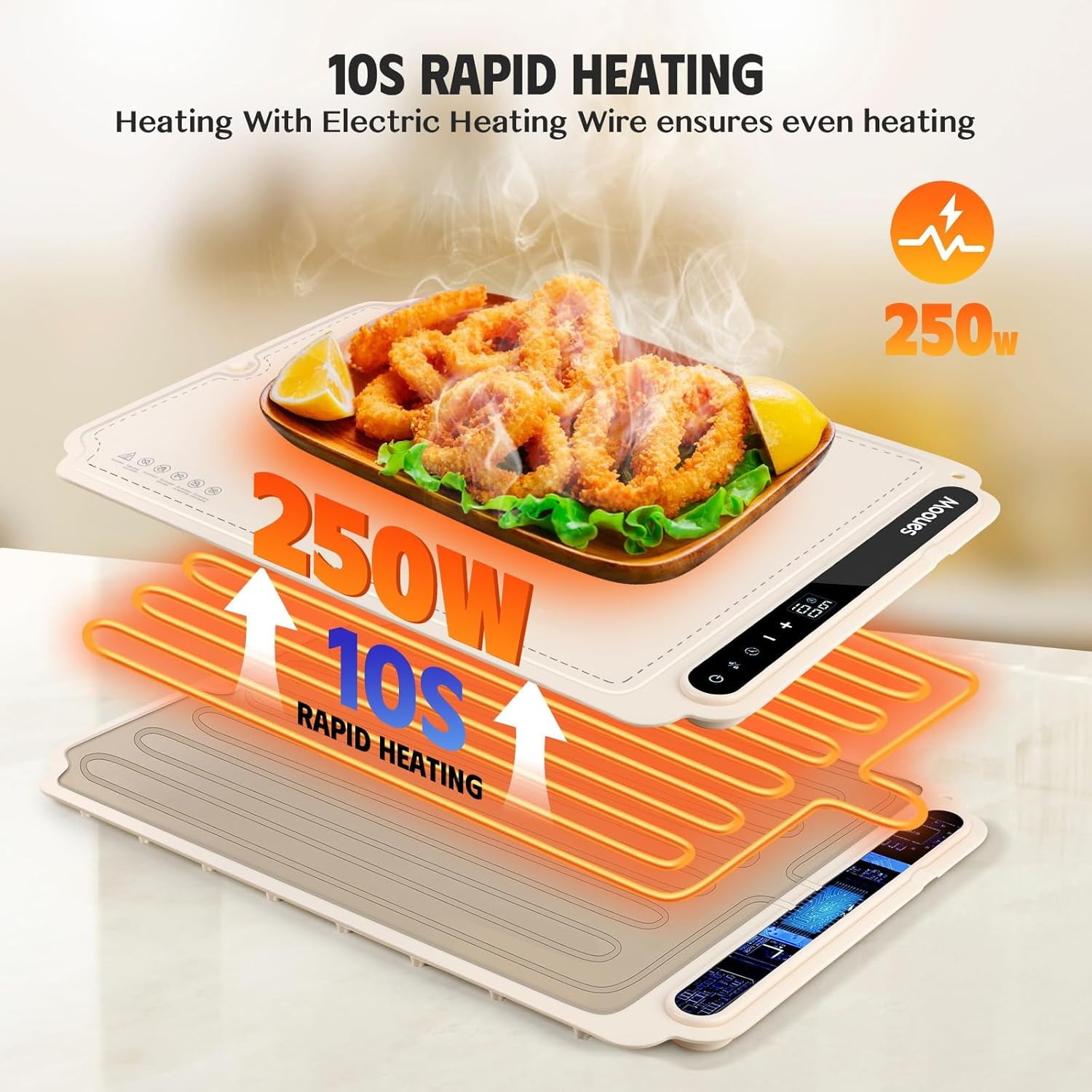 ACMETOP Food Warming Mat, Portable Silicone Electric Warming Tray, Versatile Full Surface 10s Heating Food Warmer with 7 Level Temperature & Timer for home dinner, Parties, Buffets andTravel (Beige)