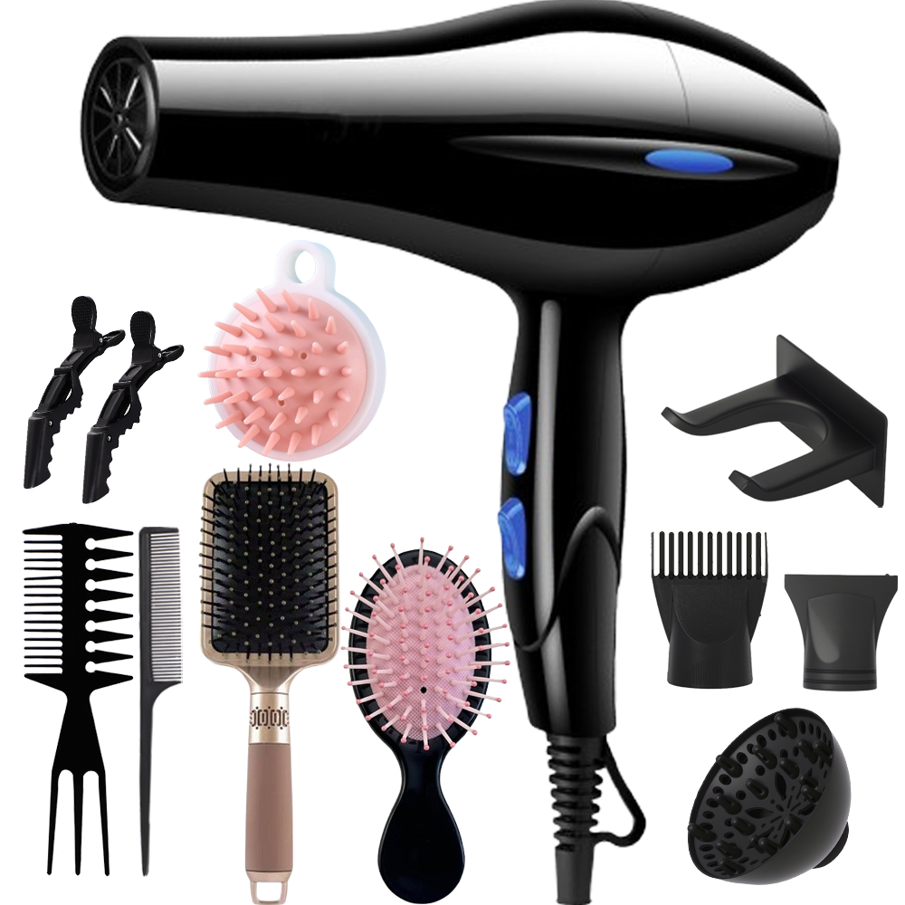 Morfone Black 12-piece Hair Dryer Set. Hair Styling Tools Equipped With Accessories Such As Combs, Clips, And Hair Dryers. As A Gift Set.
