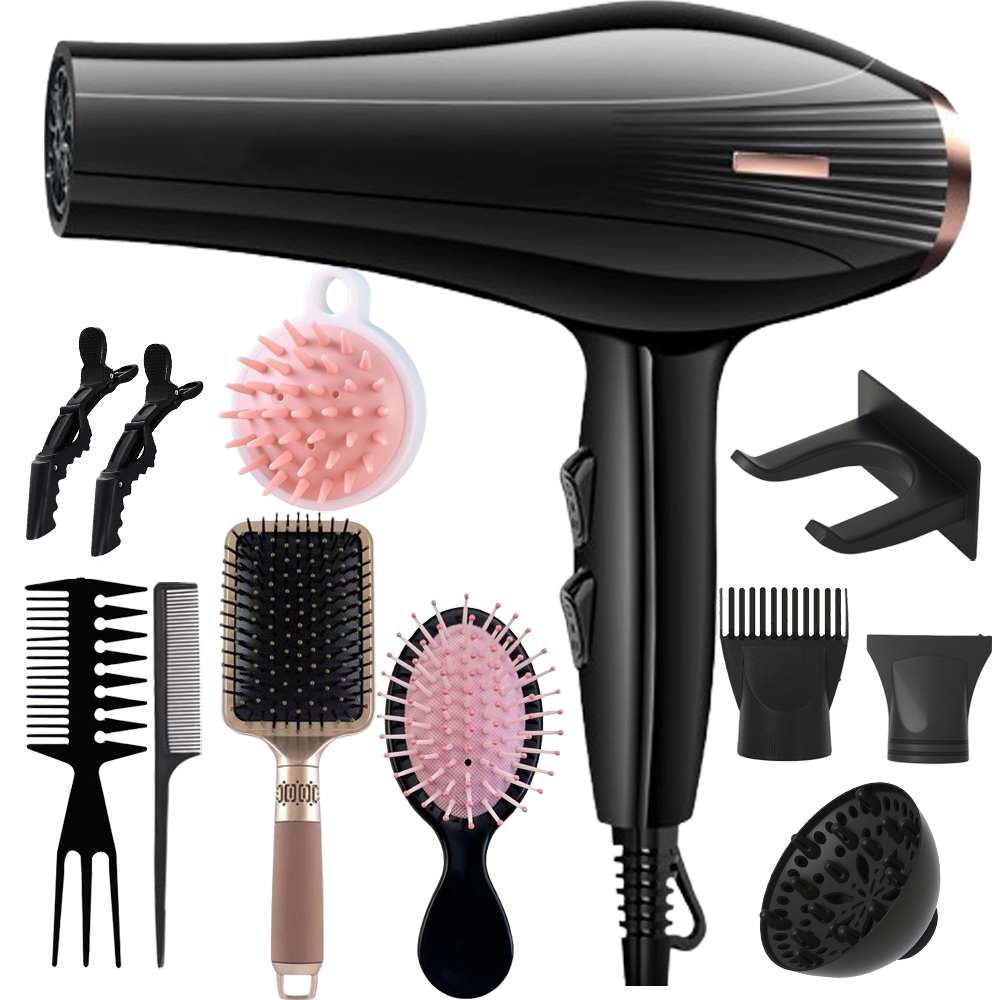 Morfone Black 12-piece Hair Dryer Set. Hair styling tools equipped with accessories such as combs, clips, and hair dryers. As a gift set.