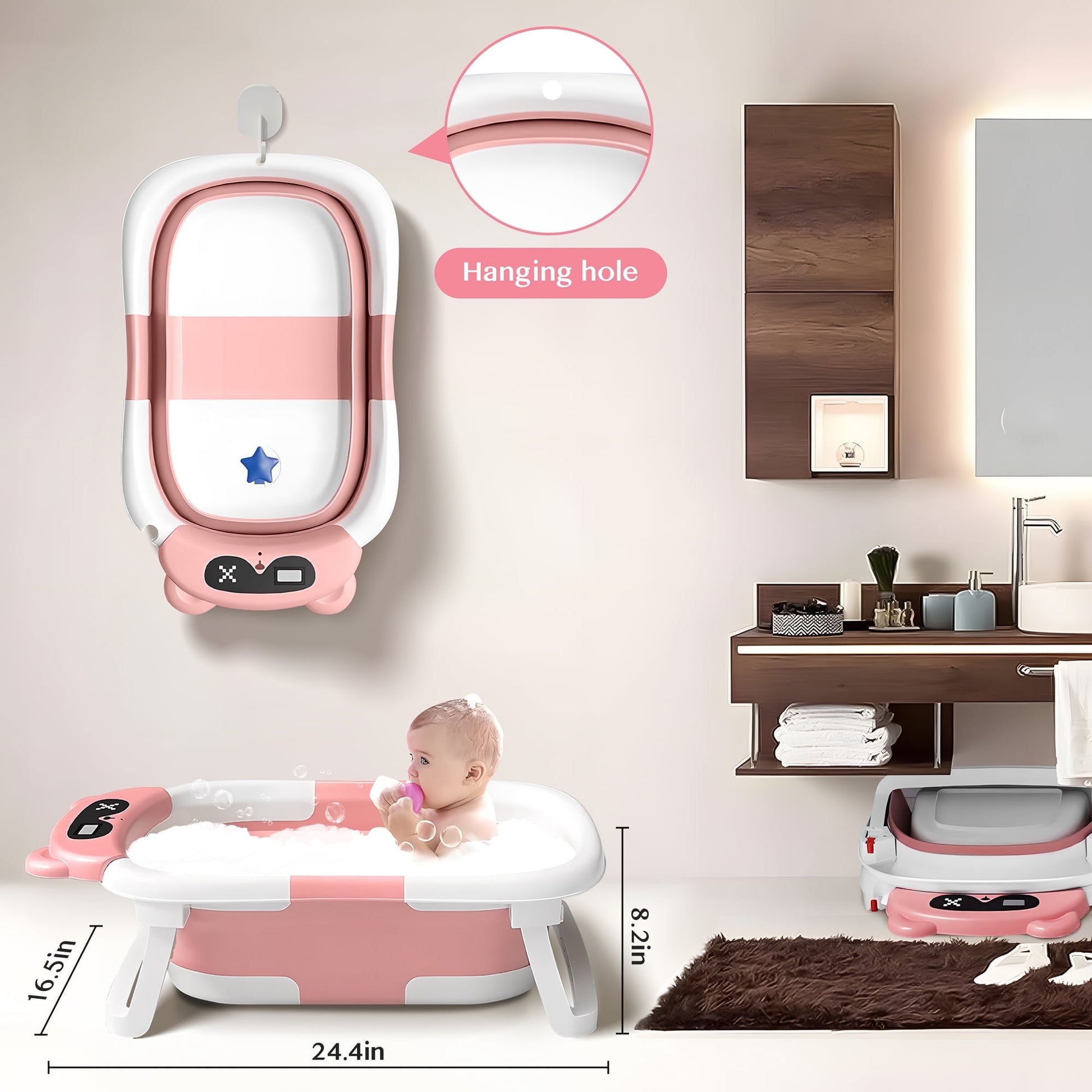 Morfone Collapsible Baby Bathtub for Newborn to Toddler 0-36 months with Thermometer, Hooded Towel, Soft Cushion and Bath Toys, Portable Travel Baby Tub with Drain Hole