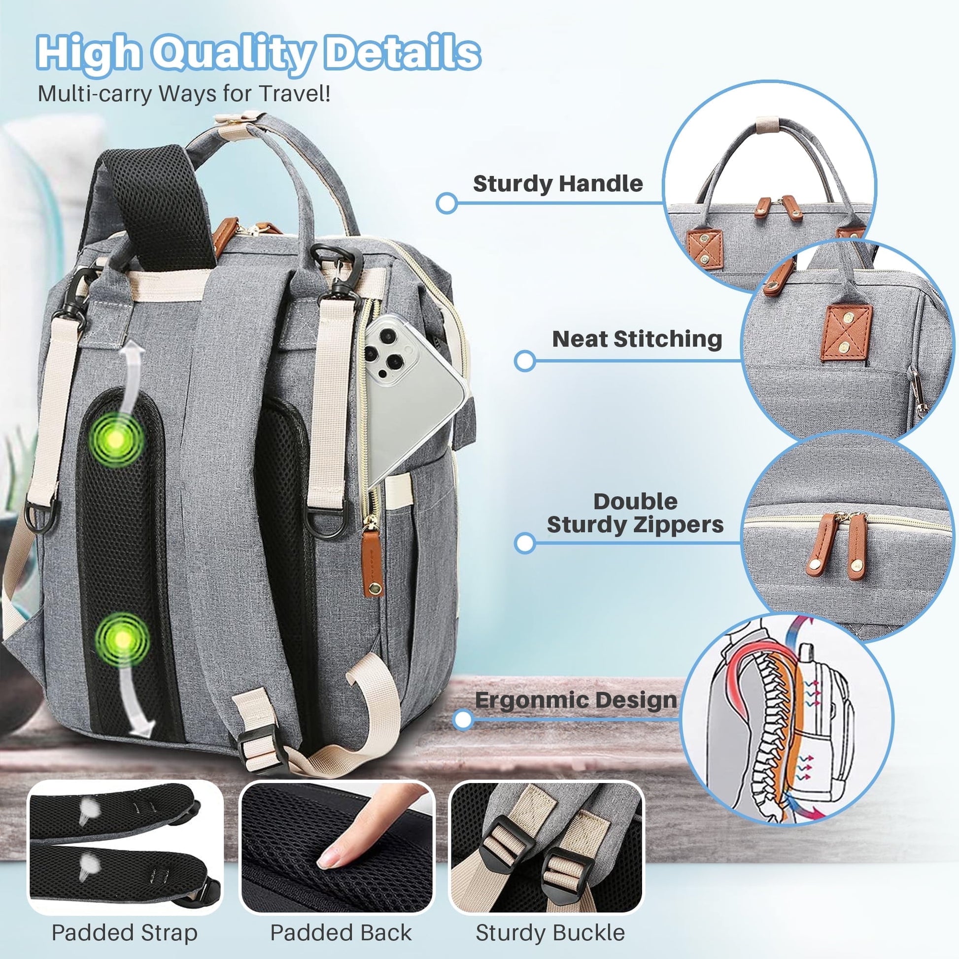 Morfone Baby Diaper Bag Backpack, Multifunction Waterproof Baby Bag with USB Charging Port, Stroller Straps & Pacifier Case Unisex