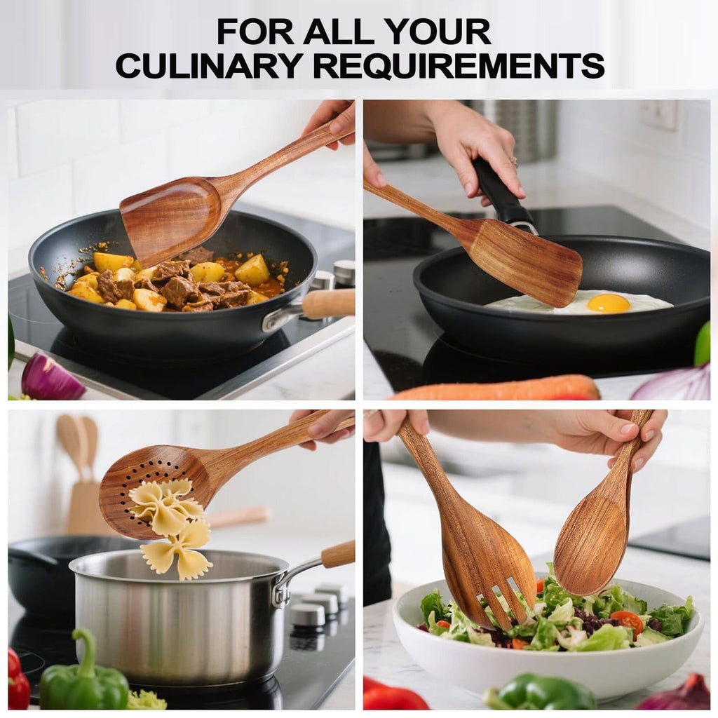 ACMETOP Wooden Spoons for Cooking, 10PCS Teak Wood Kitchen Utensils Set With 10 Hooks, Nonstick Cookware Utensil Set - Mother's Day Gift