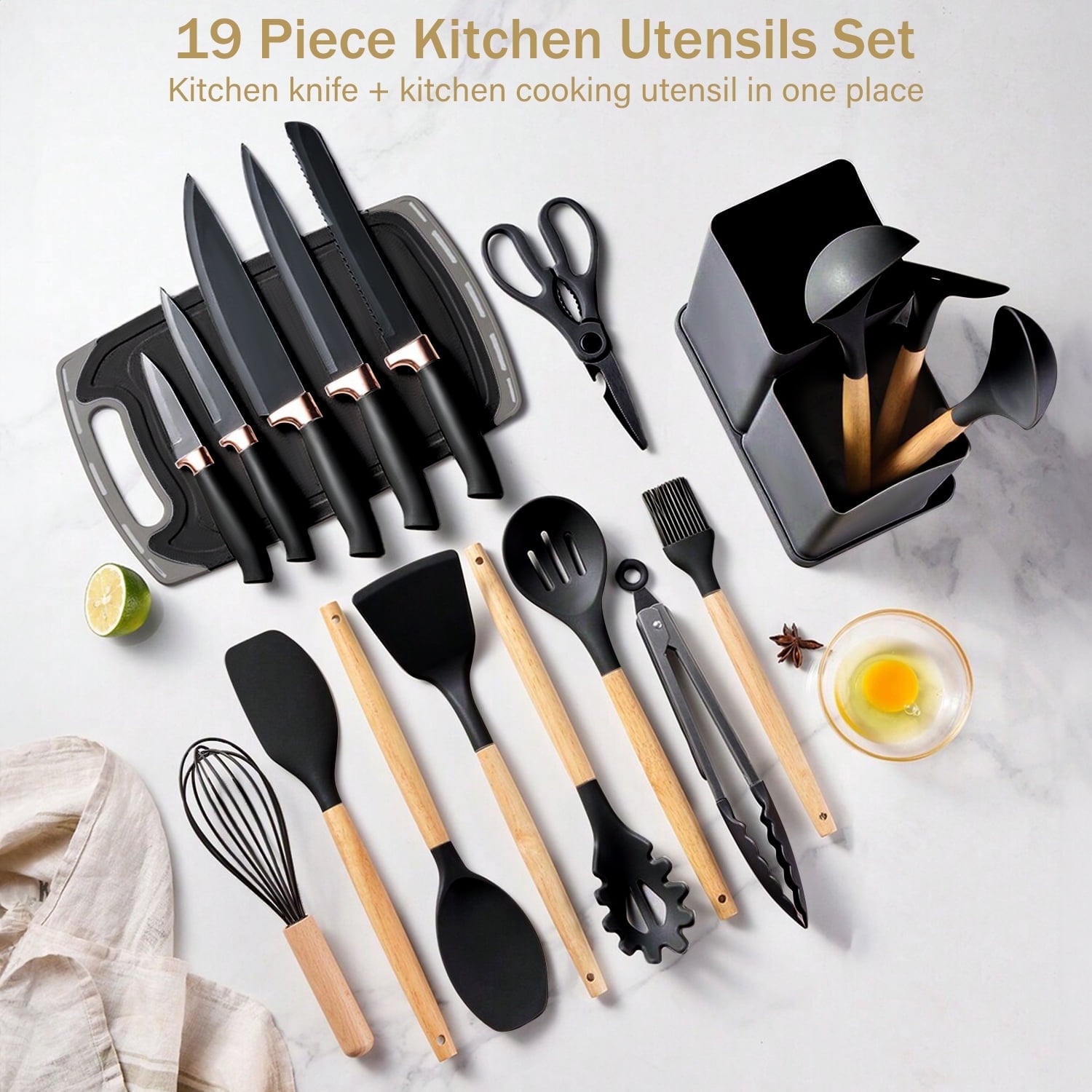 ACMETOP 19 Pieces Kitchen Utensils Set-11 Silicone Cooking Utensils Set, 6 Stainless Steel Sharp Knife set, 2 Cutting Board and Holder (Pink)