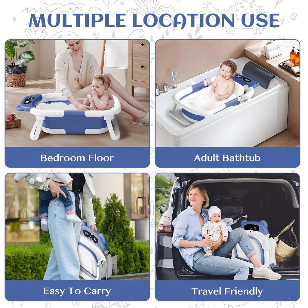Morfone Collapsible Baby Bathtub for Newborn to Toddler 0-36 months with Thermometer, Hooded Towel, Soft Cushion and Bath Toys, Portable Travel Baby Tub with Drain Hole