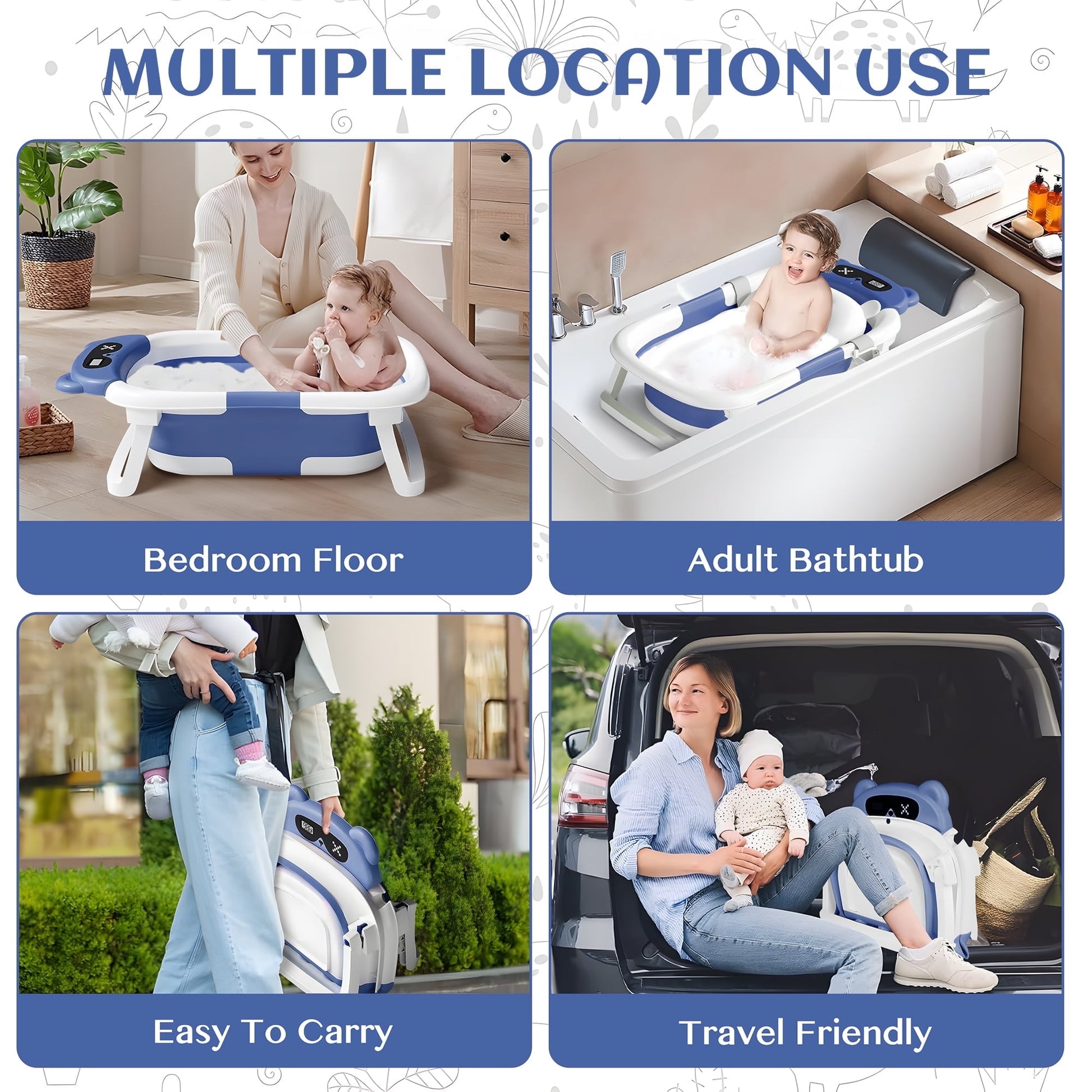 Morfone Collapsible Baby Bathtub for Newborn to Toddler 0-36 months with Thermometer, Hooded Towel, Soft Cushion and Bath Toys, Portable Travel Baby Tub with Drain Hole