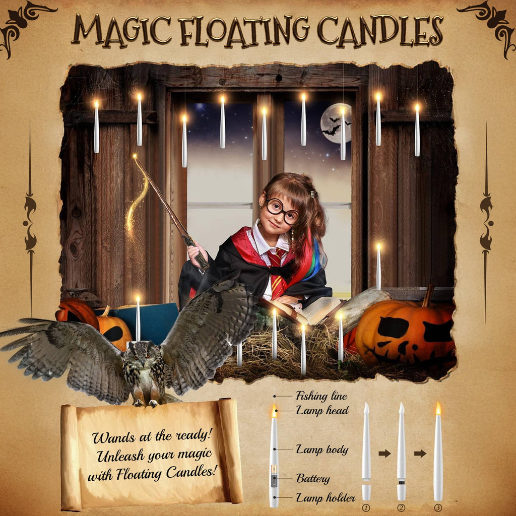 Morfone Halloween Decorations, 12 PCs Floating Candles with Wand Magic Hanging Candles, Flickering Warm Light Flameless Floating LED Candle