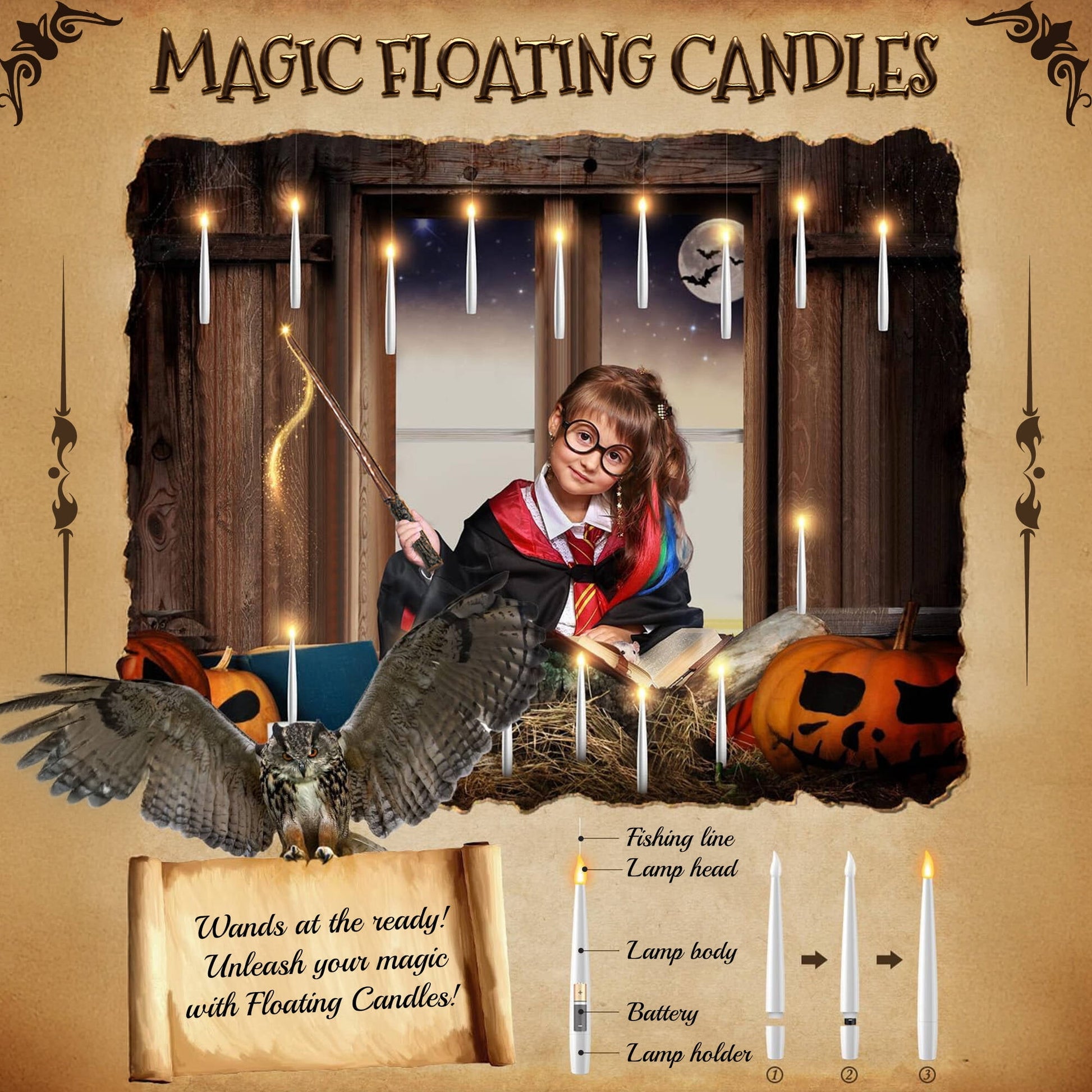 Morfone Halloween Decorations, 12 PCs Floating Candles with Wand Magic Hanging Candles, Flickering Warm Light Flameless Floating LED Candle