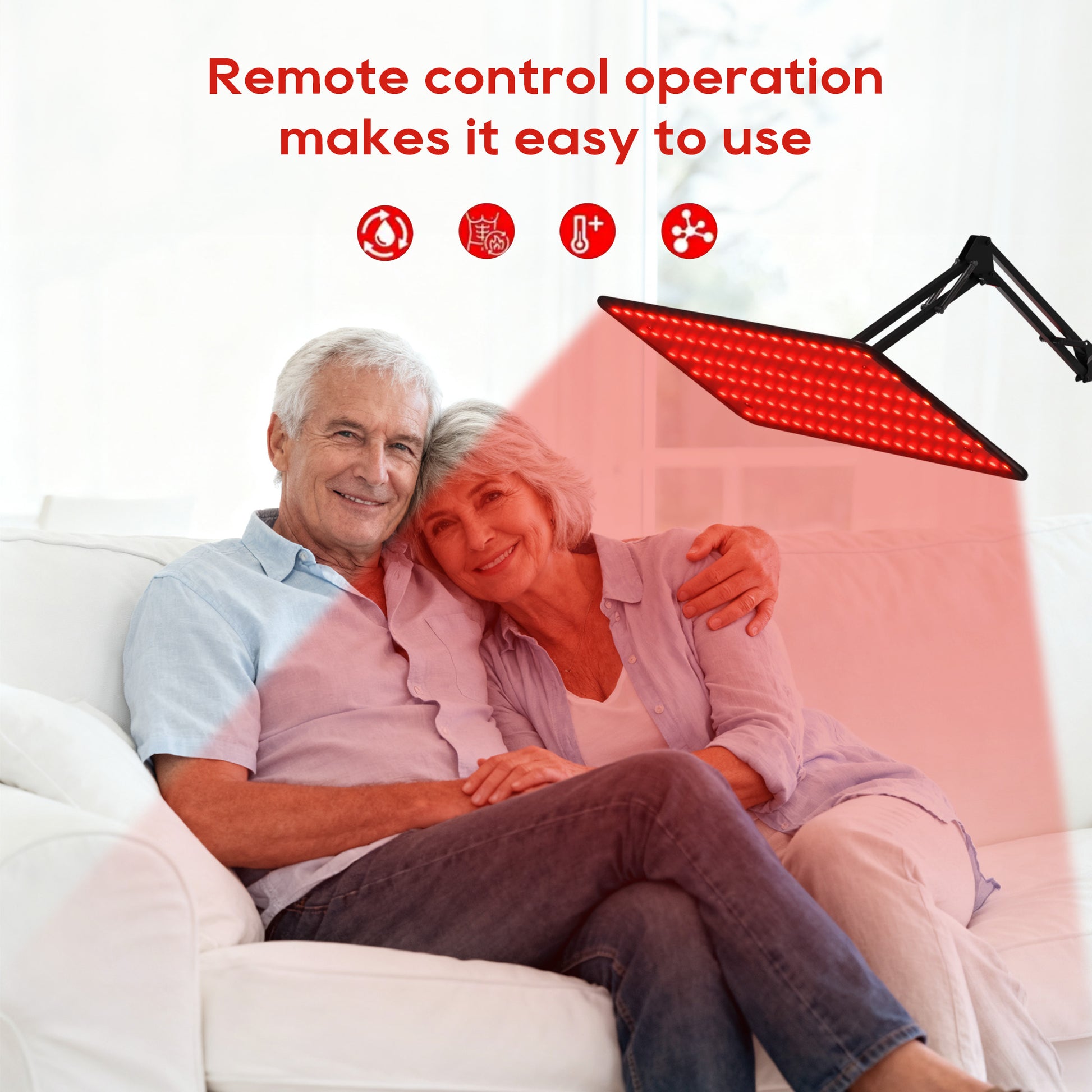 Morfone infrared light therapy lamps with wavelengths of 660nm, 850nm and 940nm. A red light therapy device equipped with a wireless remote control.