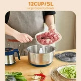 Anoak Food Processor with 12 Cup/5L Stainless Steel, 5 Speed Mode Electric Food Chopper with 3 Sets Blades 500W Powerful Electric Meat Grinder Chopper for Family & Baby Use (Blue)