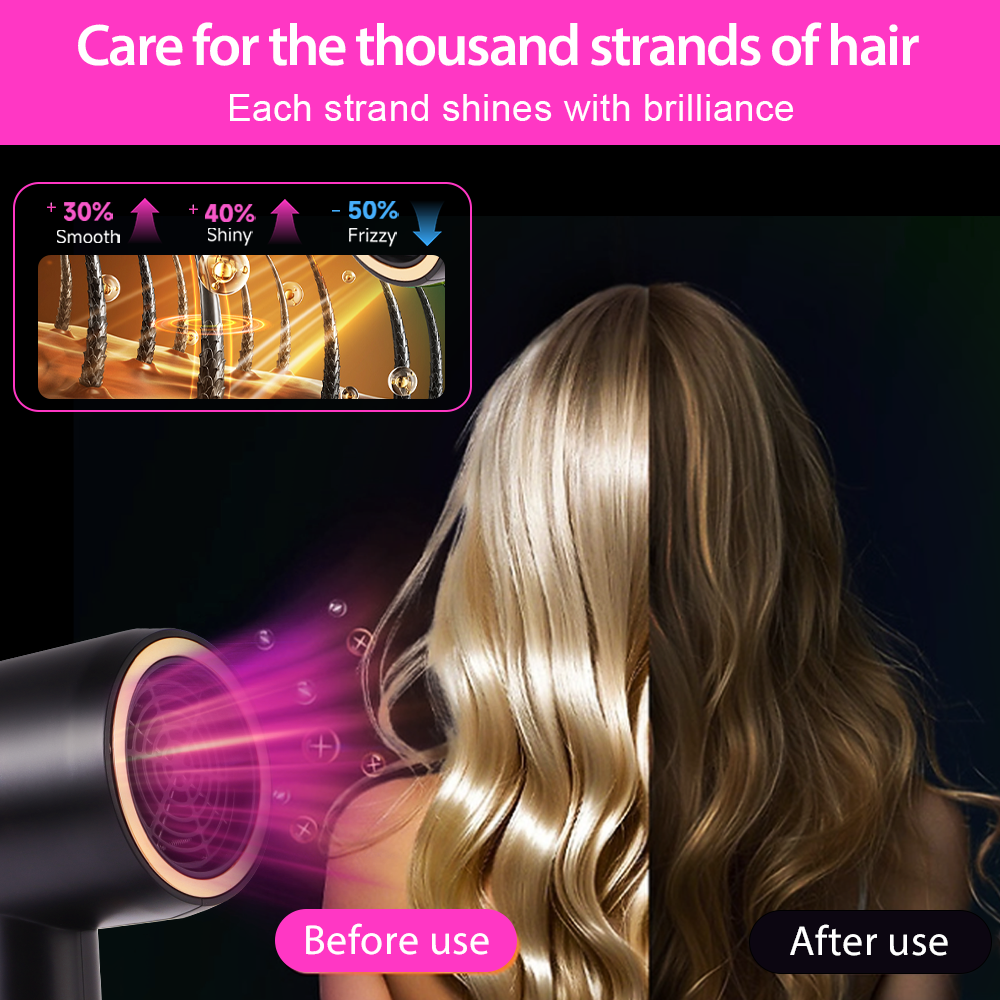 Morfone Black 10-piece hammer style hair dryer, with adjustable hot and cold air. A hair styling set with comb hair clips and a fan-shaped nozzle.