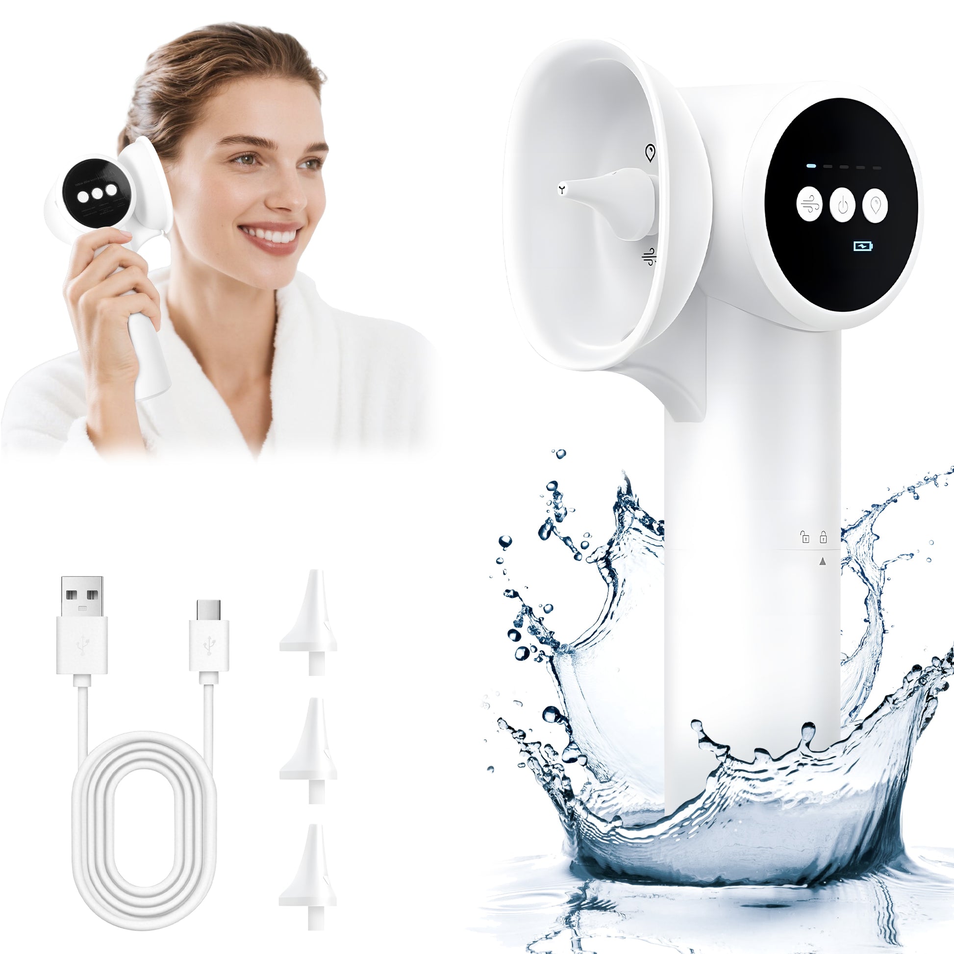 Morfone earwax removal with warm air drying ear cleaner. Ear irrigator with waste water and clean water tanks, featuring 5 water pressure modes.