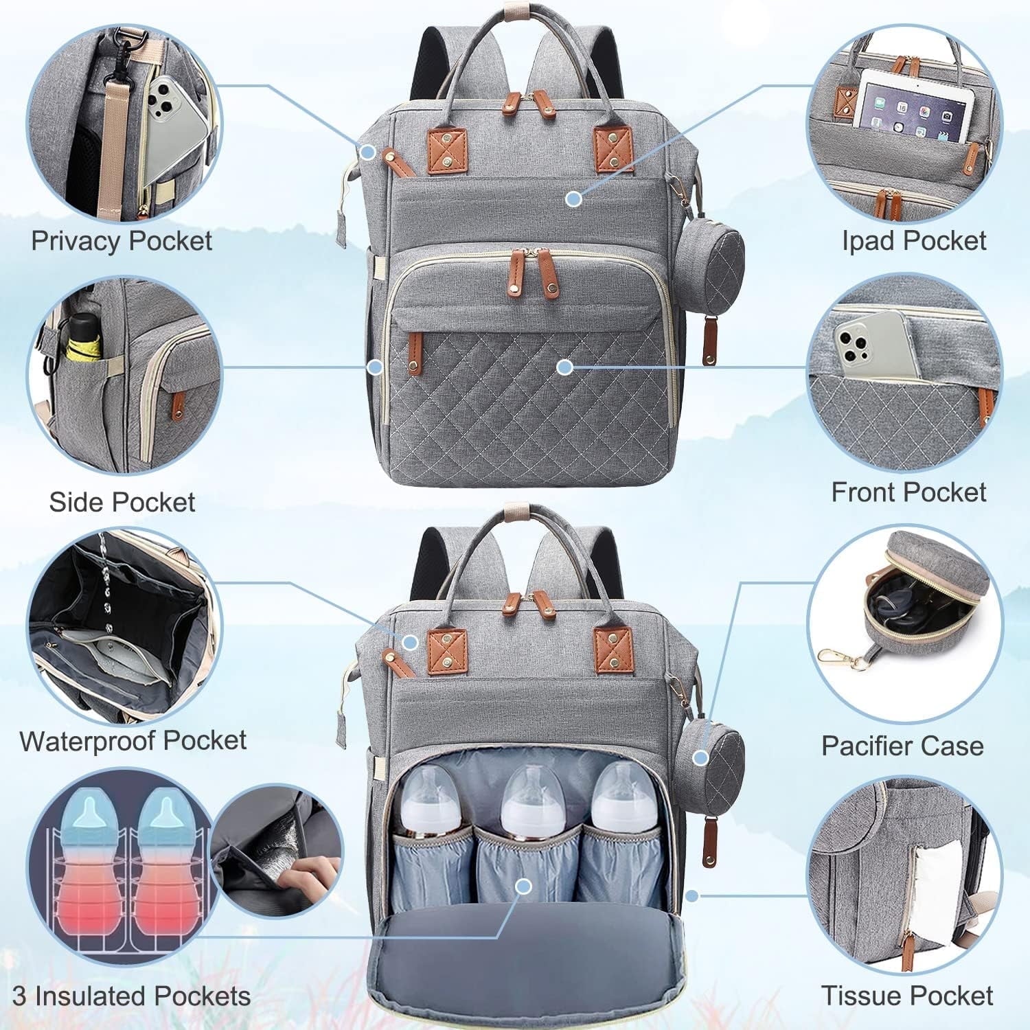 Morfone Baby Diaper Bag Backpack, Multifunction Waterproof Baby Bag with USB Charging Port, Stroller Straps & Pacifier Case Unisex