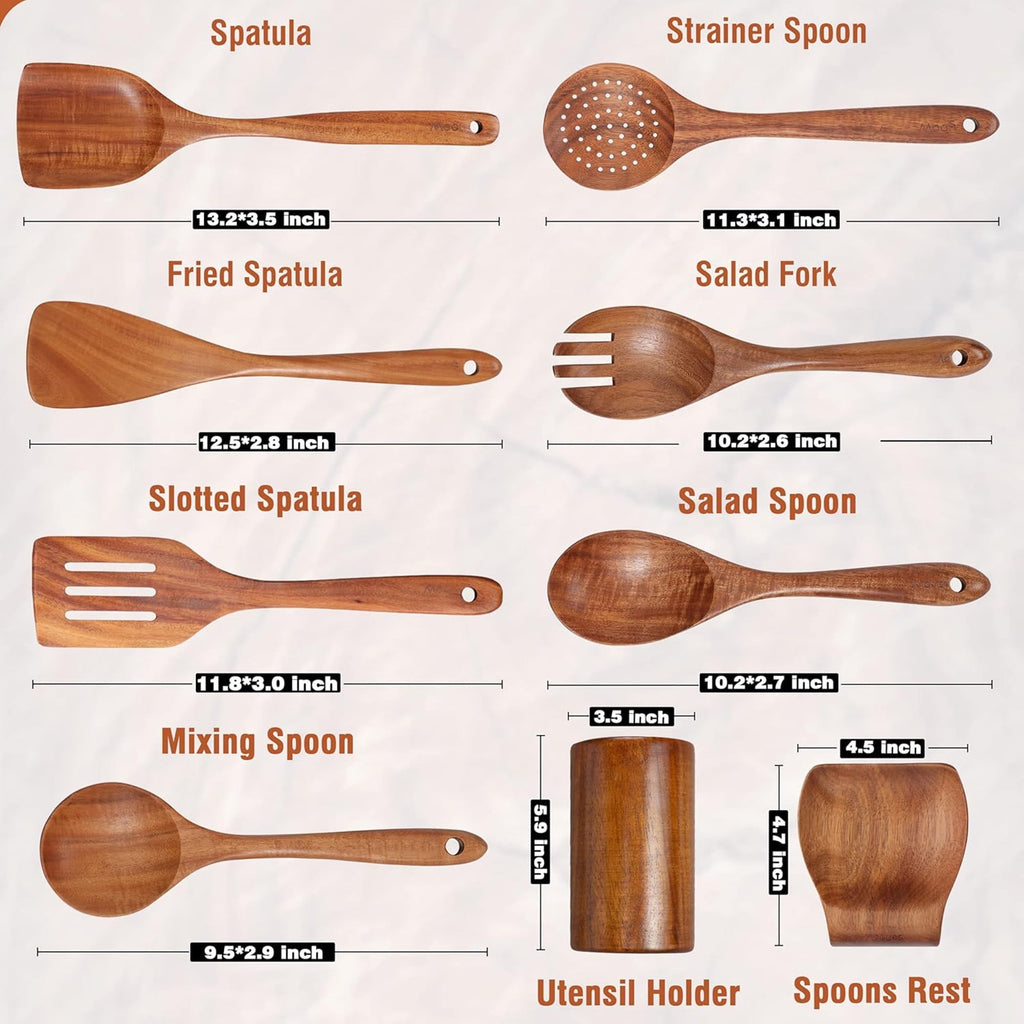 ACMETOP Wooden Spoons for Cooking, 9 Pcs Natural Teak Wooden Utensil Set,Kitchen Utensil Set with Utensils Holder & Spoon Rest, Wooden Cooking Utensils for Nonstick Pans & Cookware,Best Gift for Mom