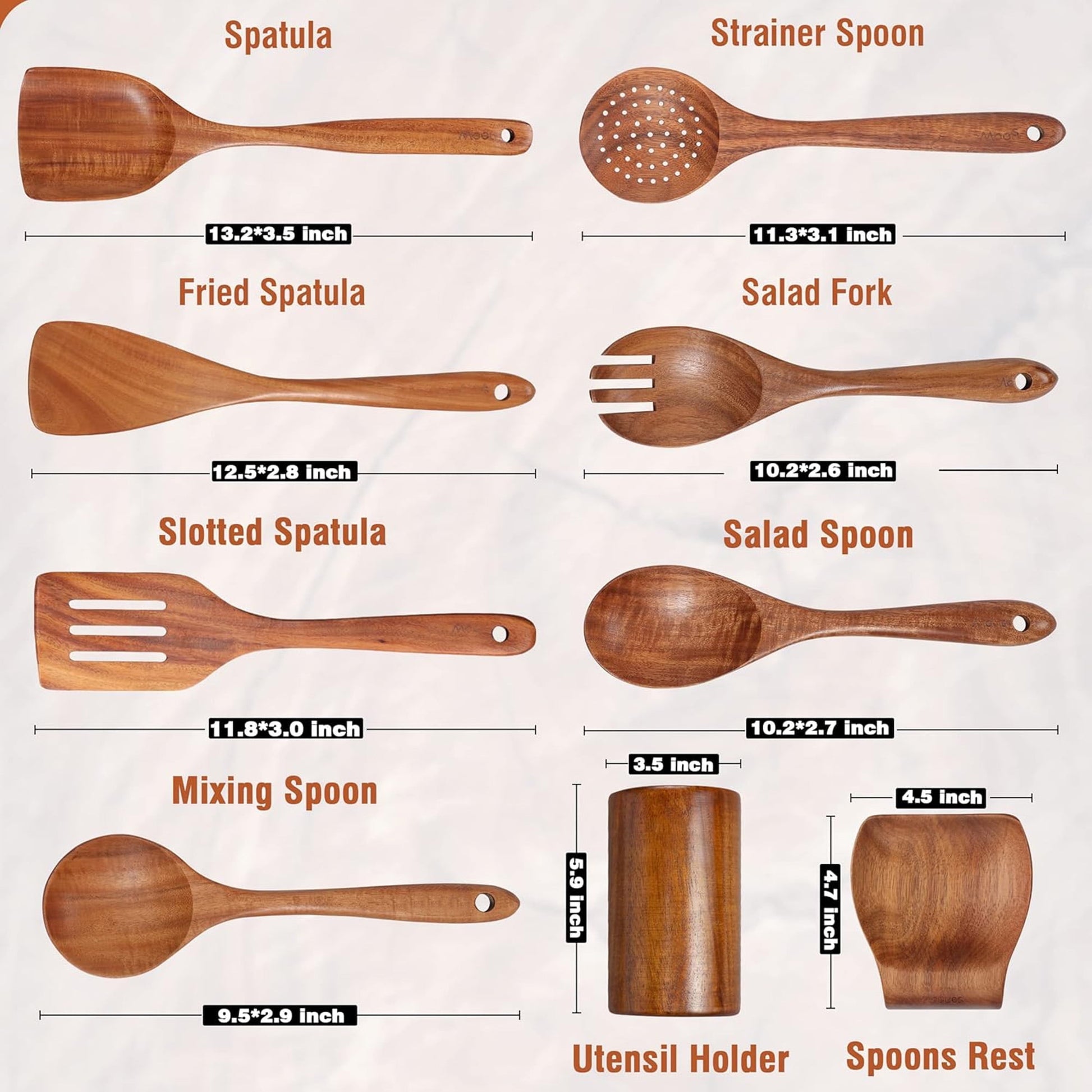 ACMETOP Wooden Spoons for Cooking, 9 Pcs Natural Teak Wooden Utensil Set,Kitchen Utensil Set with Utensils Holder & Spoon Rest, Wooden Cooking Utensils for Nonstick Pans & Cookware,Best Gift for Mom