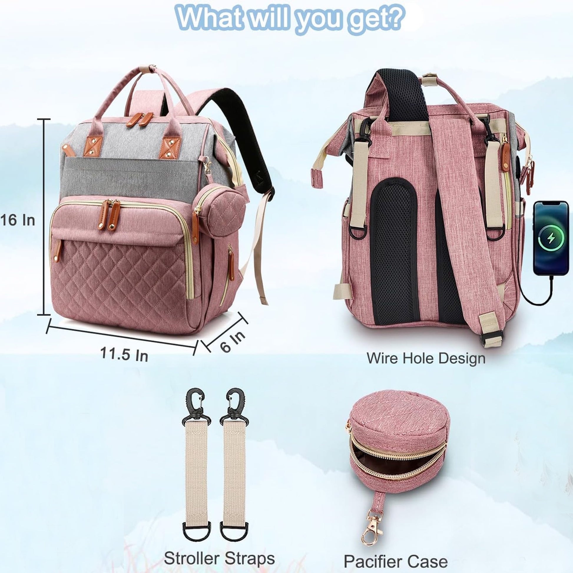 Morfone Baby Diaper Bag Backpack, Multifunction Waterproof Baby Bag with USB Charging Port, Stroller Straps & Pacifier Case Unisex