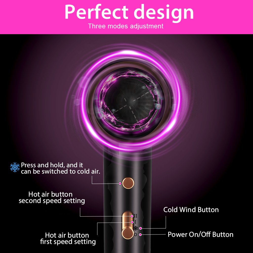 Morfone Black 10-piece hammer style hair dryer, with adjustable hot and cold air. A hair styling set with comb hair clips and a fan-shaped nozzle.