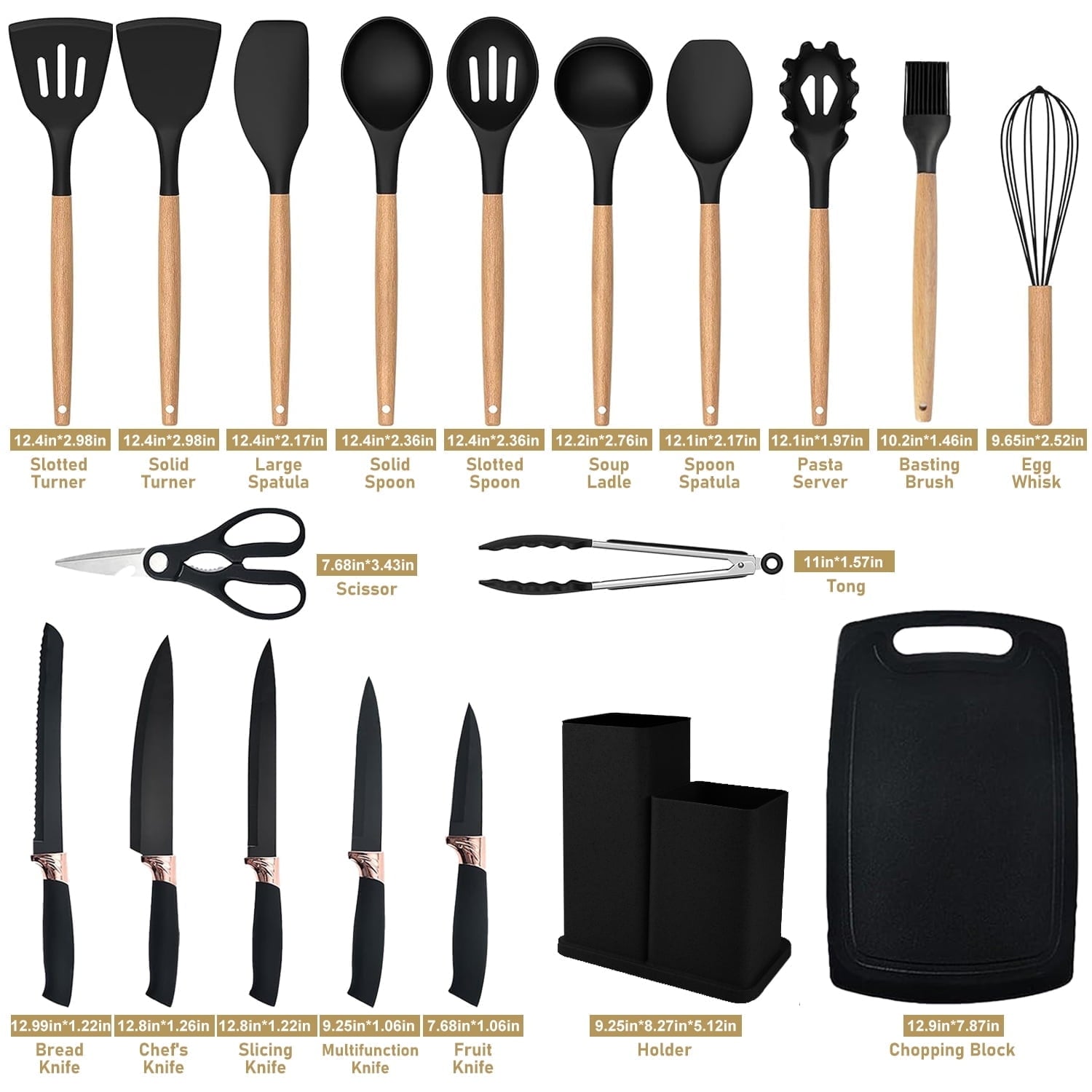 ACMETOP 19 Pieces Kitchen Utensils Set-11 Silicone Cooking Utensils Set, 6 Stainless Steel Sharp Knife set, 2 Cutting Board and Holder (Pink)