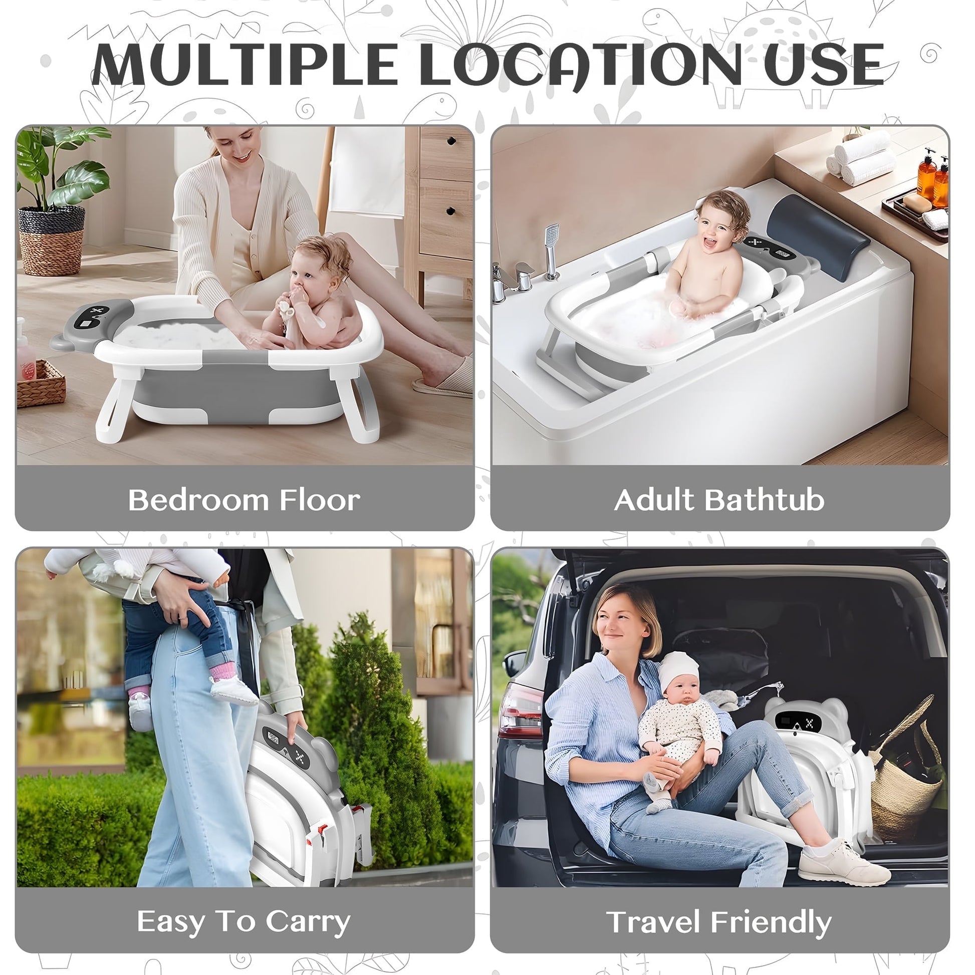 Morfone Collapsible Baby Bathtub for Newborn to Toddler 0-36 months with Thermometer, Hooded Towel, Soft Cushion and Bath Toys, Portable Travel Baby Tub with Drain Hole