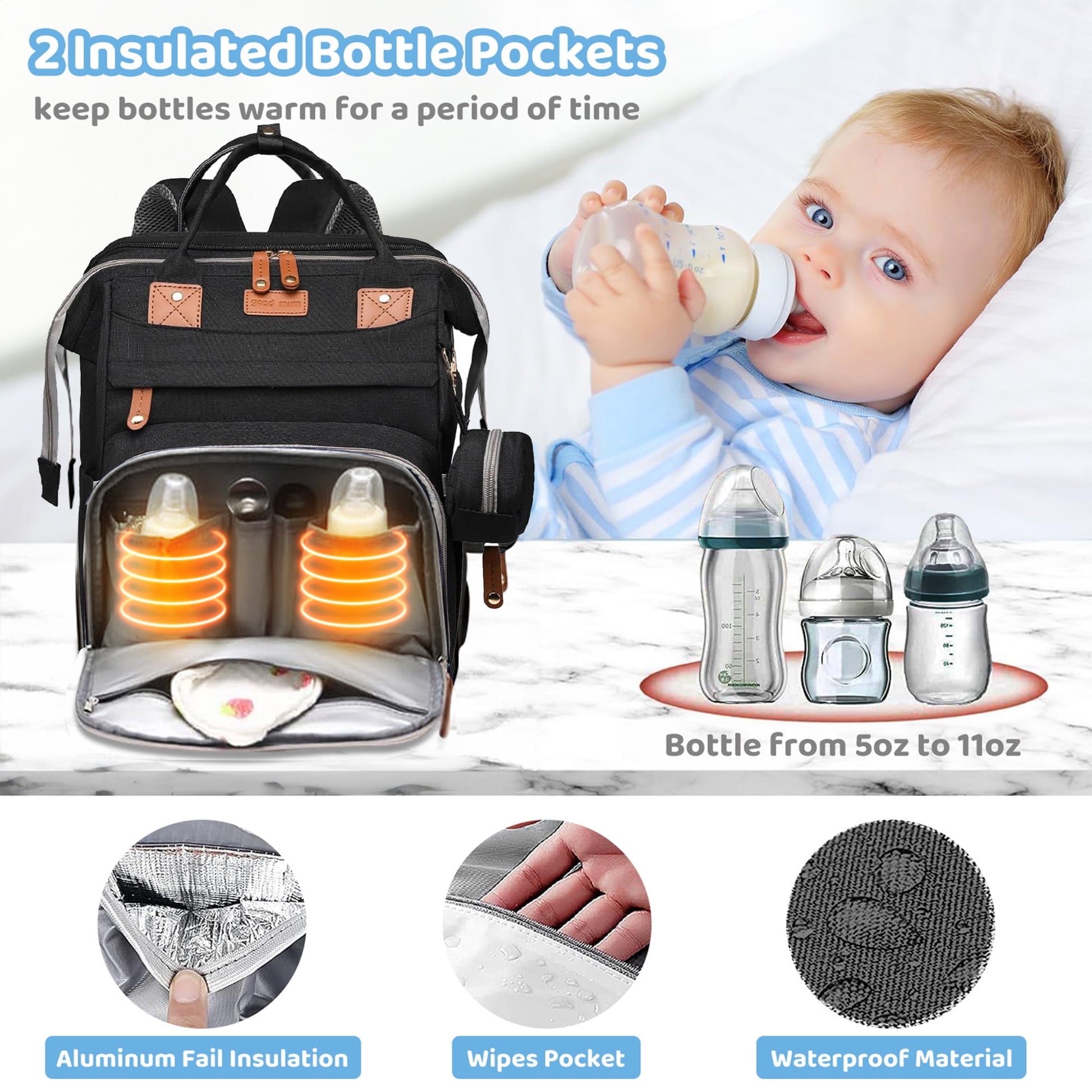 Morfone Diaper Bag Backpack with Changing Station, Large Capacity Baby Essentials Travel Tote, Waterproof Baby Bag with Changing Pad Stroller Straps & Pacifier Case - Unisex