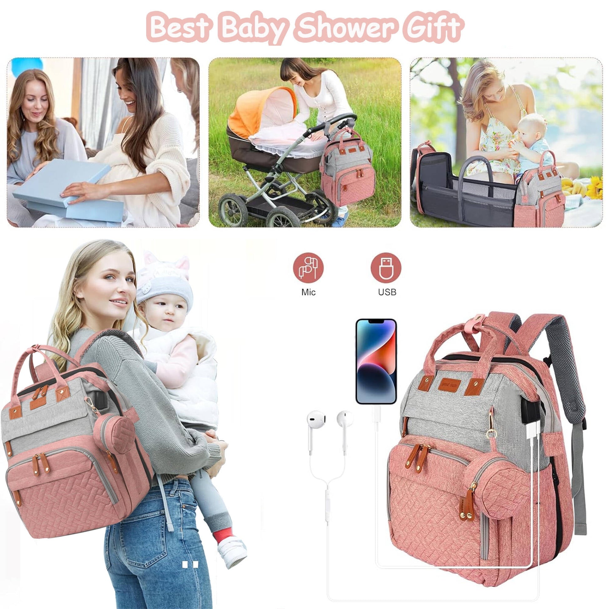 Morfone Diaper Bag Backpack with Changing Station, Large Capacity Baby Essentials Travel Tote, Waterproof Baby Bag with Changing Pad Stroller Straps & Pacifier Case - Unisex