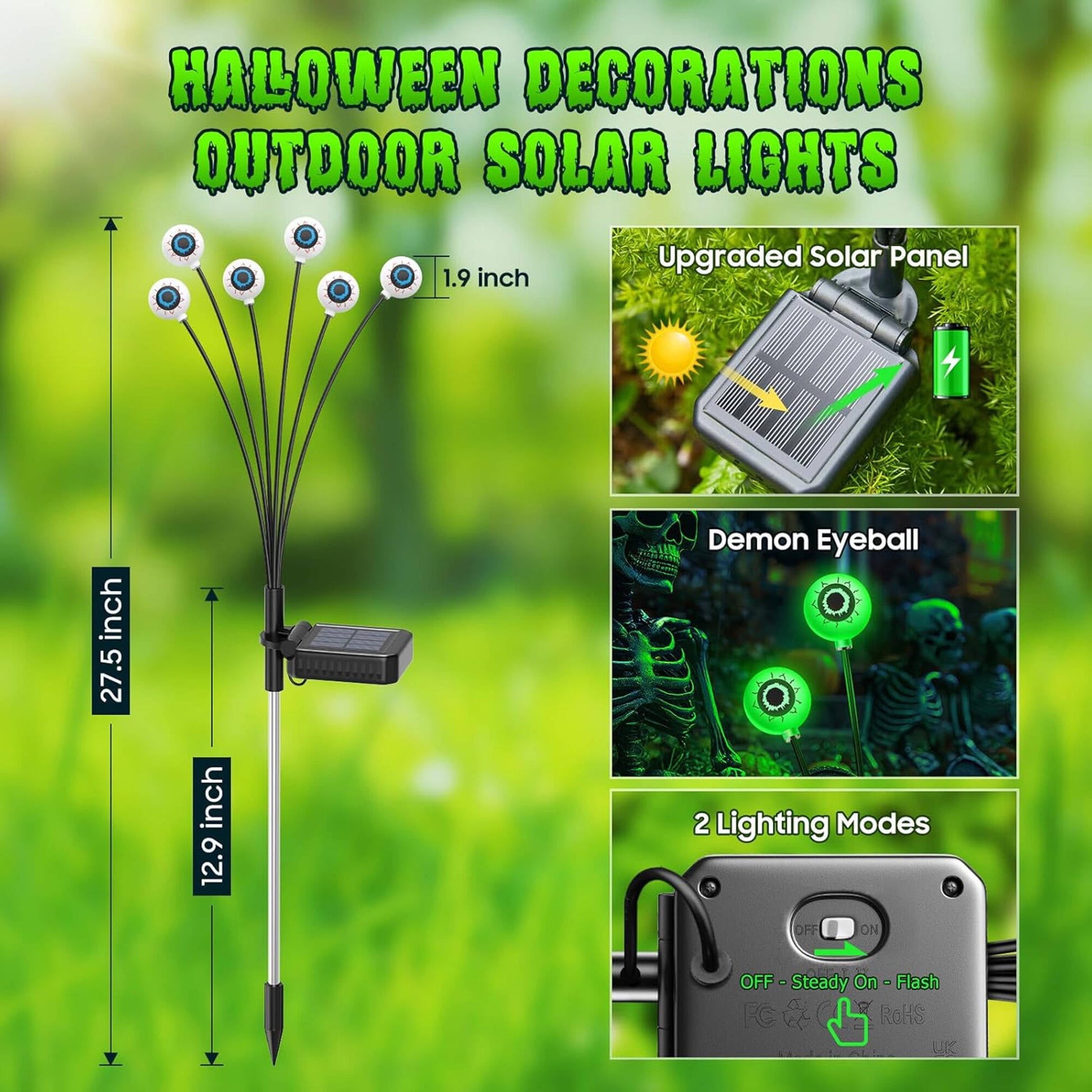 ACMETOP Halloween Decorations Outdoor, 2 Pack 12 LED Scary Eyeball Solar Halloween Lights, 2 Mode Waterproof Swaying Outside Decor, Solar Light Decorations for Garden Yard Party