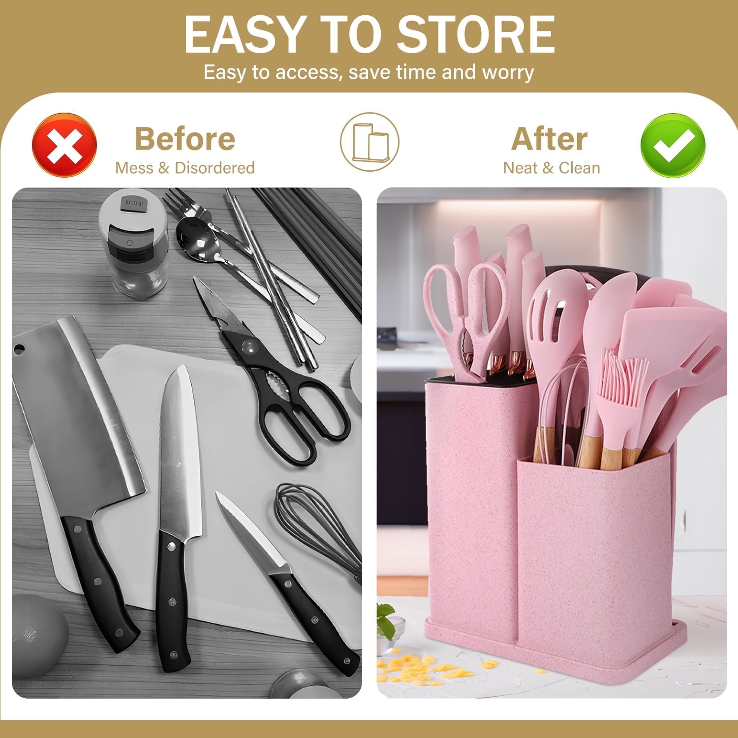 ACMETOP 19 Pieces Kitchen Utensils Set-11 Silicone Cooking Utensils Set, 6 Stainless Steel Sharp Knife set, 2 Cutting Board and Holder (Pink)