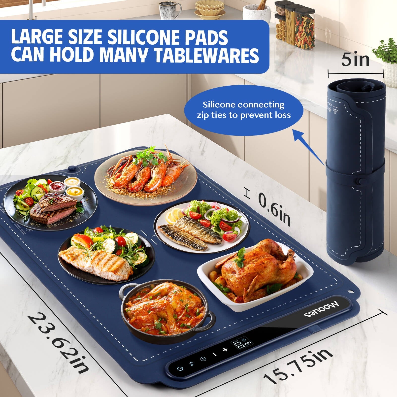 ACMETOP Food Warming Mat, Portable Silicone Electric Warming Tray, Versatile Full Surface 10s Heating Food Warmer with 7 Level Temperature & Timer for home dinner, Parties, Buffets andTravel (Beige)