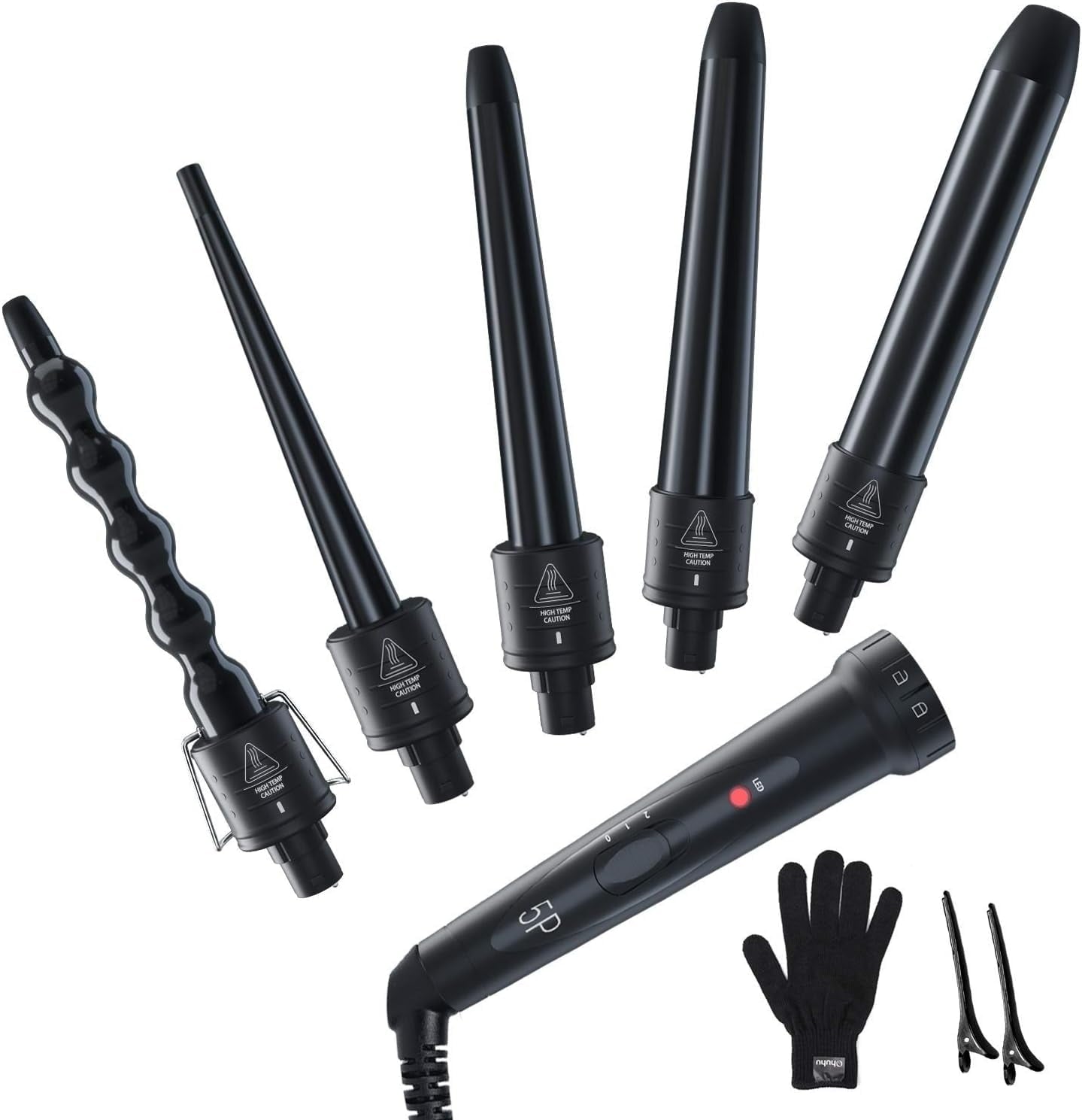 5 in 1 Curling Iron Wand 5Pcs 0.35 to 1.25 Inch Interchangeable Ceramic Barrel Heat Protective Glove 2 Clips Dual Voltage Hair Curler for Girls Women Valentine's Day Gift Black
