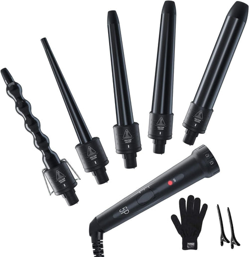 5 in 1 Curling Iron Wand 5Pcs 0.35 to 1.25 Inch Interchangeable Ceramic Barrel Heat Protective Glove 2 Clips Dual Voltage Hair Curler for Girls Women Valentine's Day Gift Black