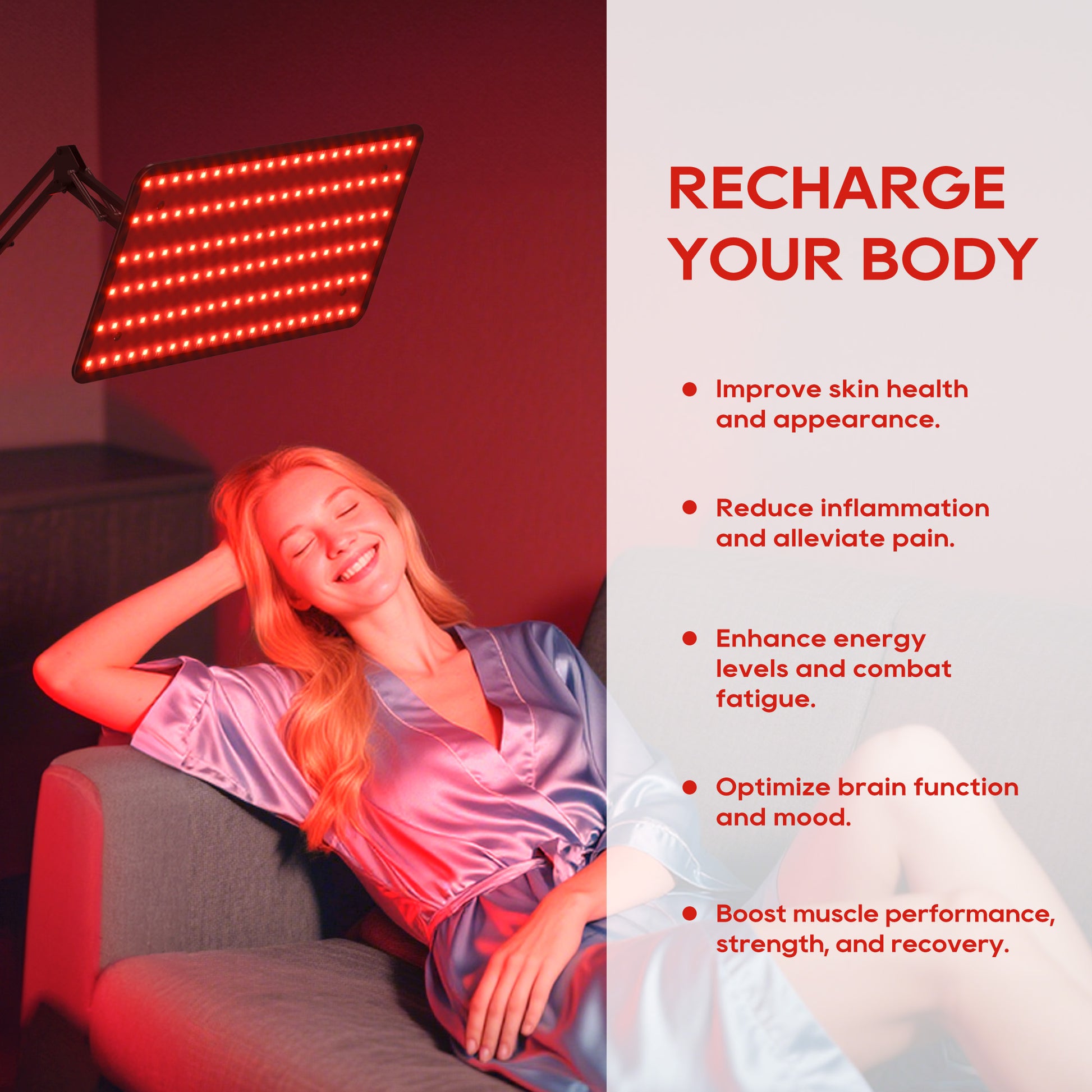 Morfone infrared light therapy lamps with wavelengths of 660nm, 850nm and 940nm. A red light therapy device equipped with a wireless remote control.