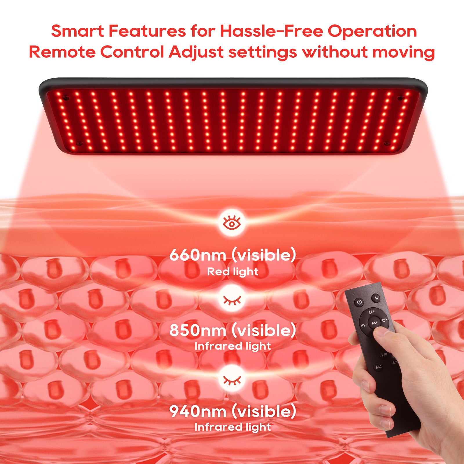 Morfone 120 and 200 models feature infrared light therapy lamps with wavelengths of 660nm, 850nm, and 940nm.Red light with wireless remote control.