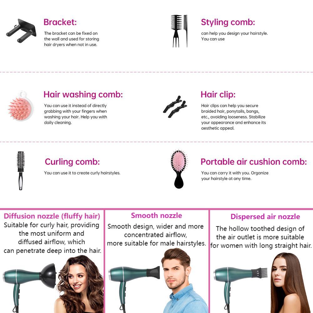 Morfone 12pcs-in-1 Hair Drying Set - Hair Dryer. Quickly dries hair - Compact and portable, suitable for the whole family - Gift set.