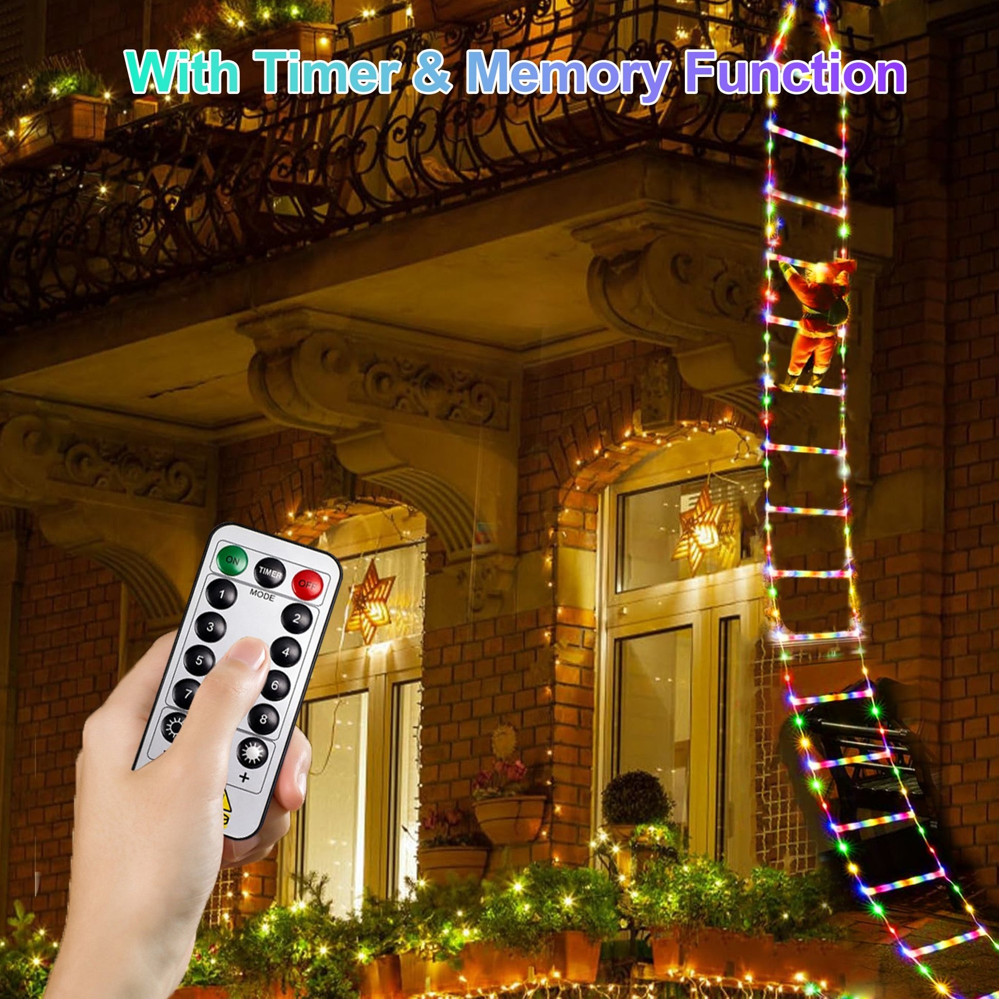 Morfone Christmas Decorations LED Ladder Lights with Climbing Santa Claus, 10.5ft Christmas Decorative String Lights for Indoor Outdoor, Window, Garden, Home, Wall, Xmas Tree Decor, Multicolor