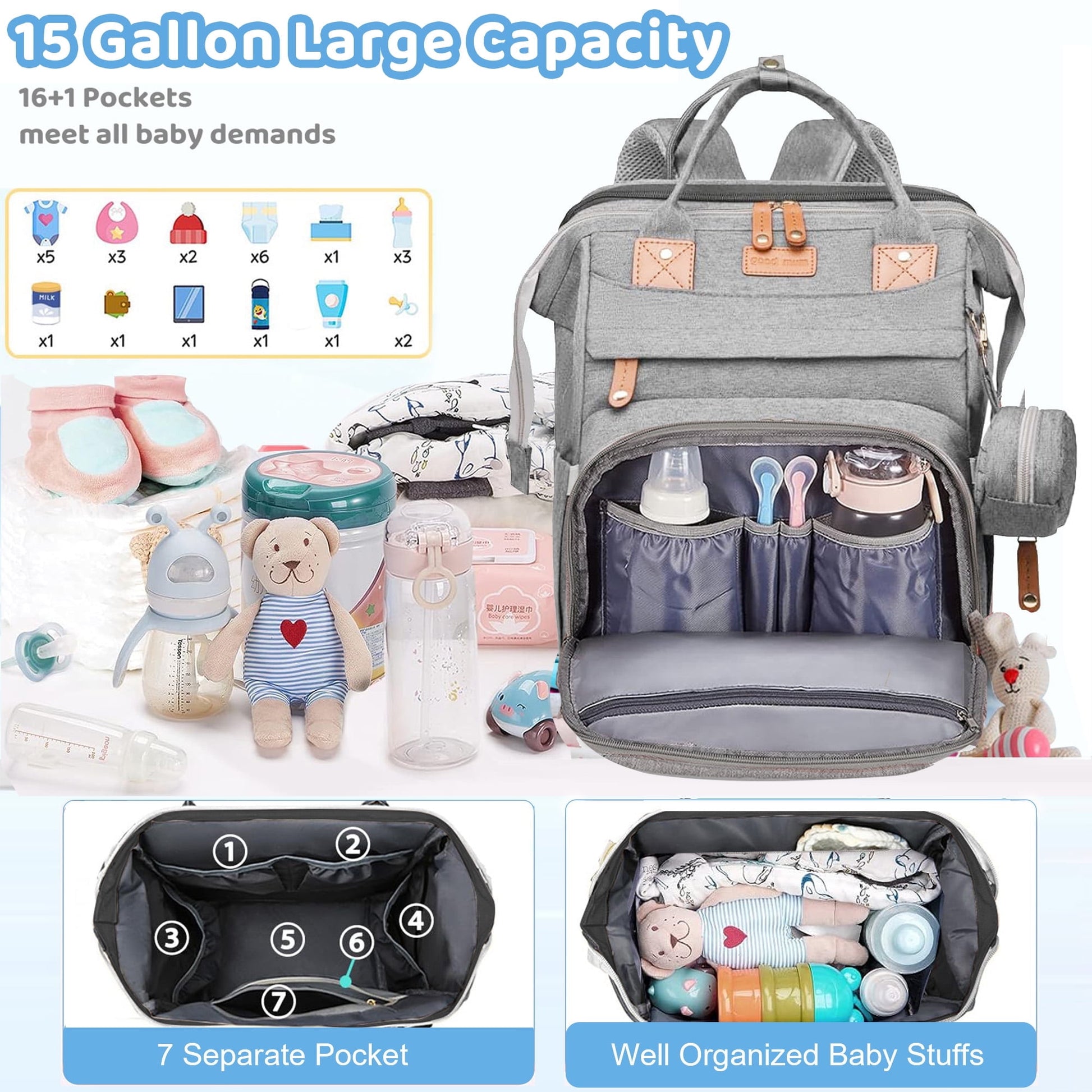 Morfone Diaper Bag Backpack with Changing Station, Large Capacity Baby Essentials Travel Tote, Waterproof Baby Bag with Changing Pad Stroller Straps & Pacifier Case - Unisex